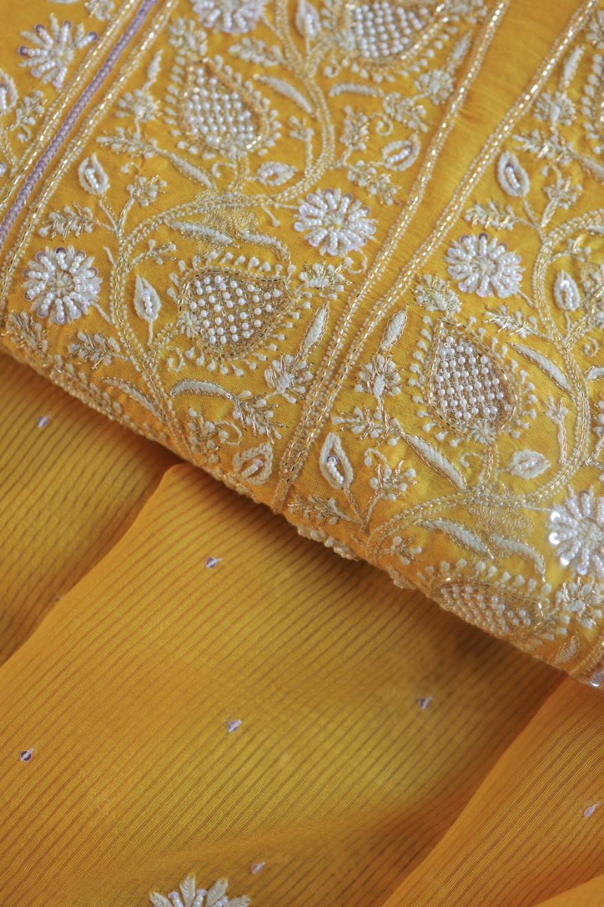 Bright Yellow Banarasi Zari Chanderi Unstitched Chikankari Fabrics