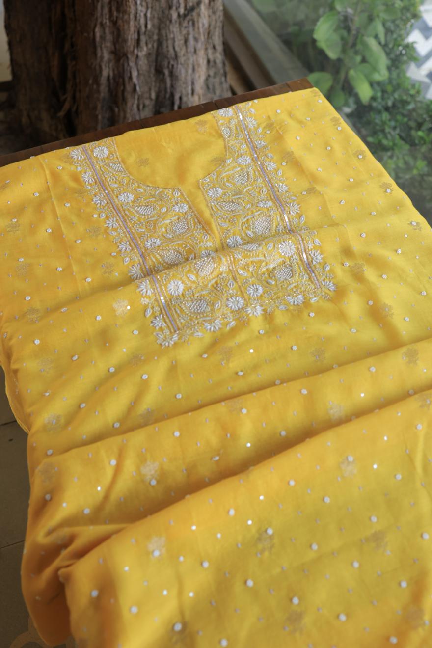 Bright Yellow Banarasi Zari Chanderi Unstitched Chikankari Fabrics