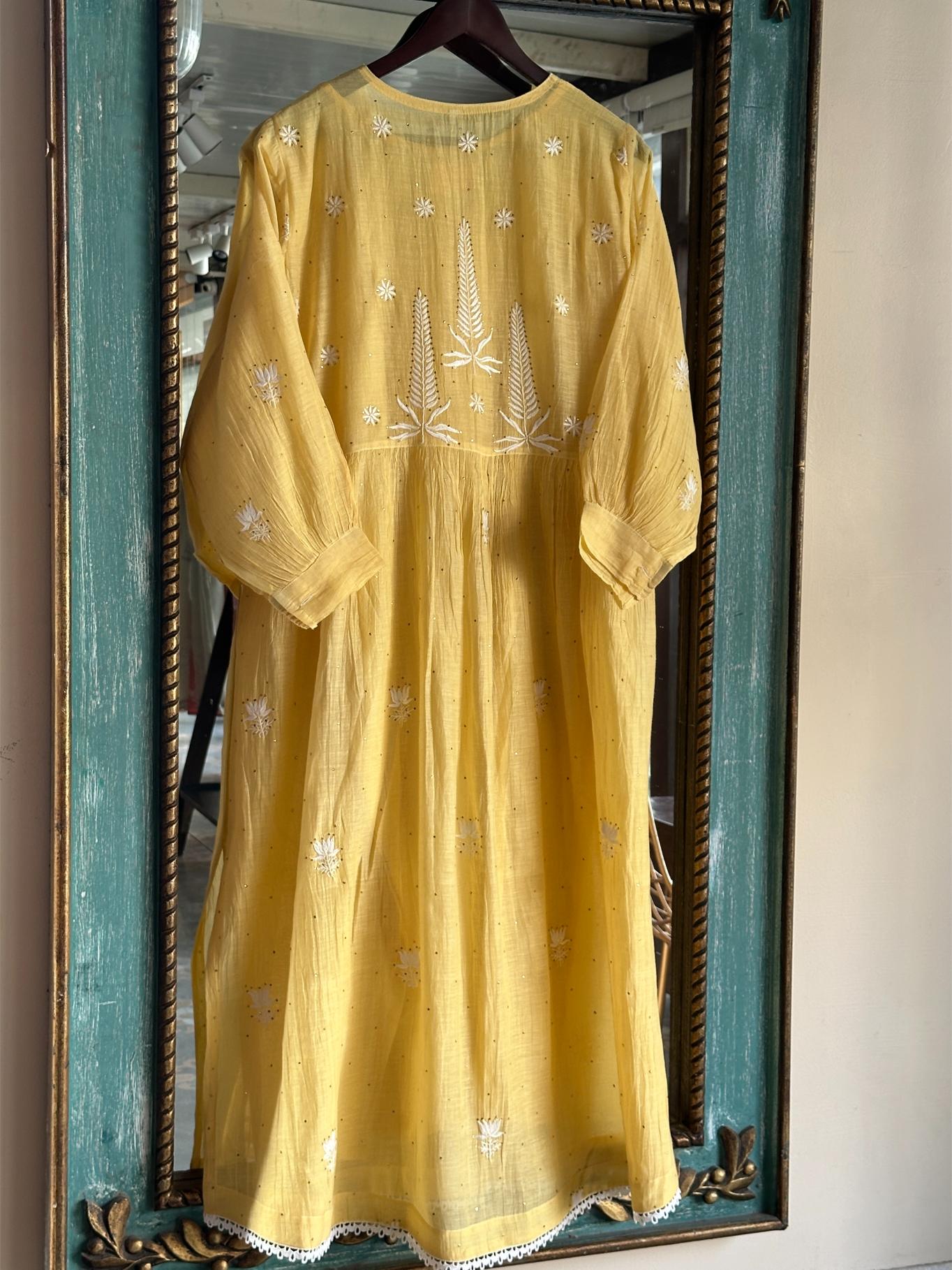 Yellow Chikankari Embroidered Kurta with Front Buttons & Tassel Detail