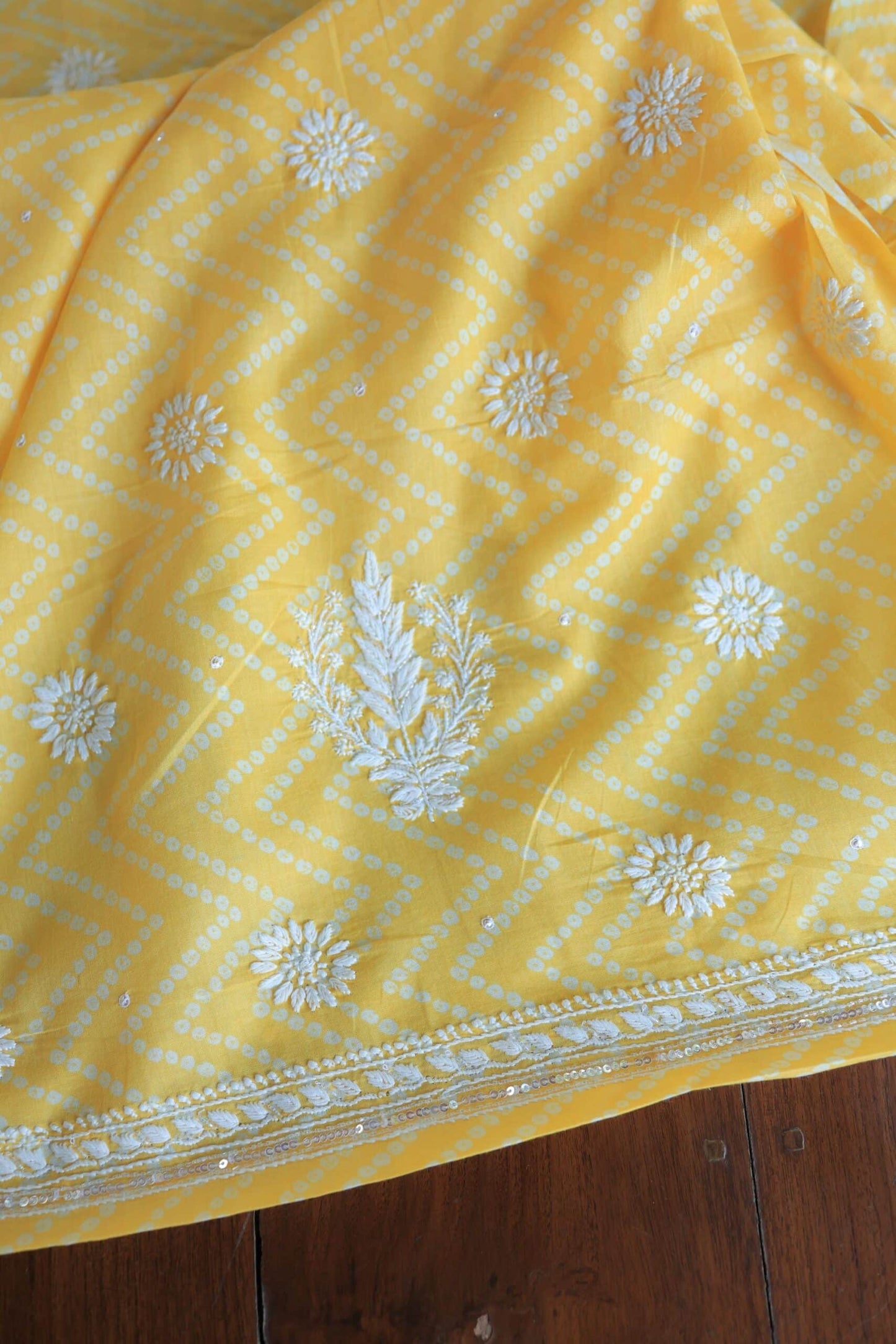 Yellow Cotton Chikankari Unstitched Kurta Fabrics
