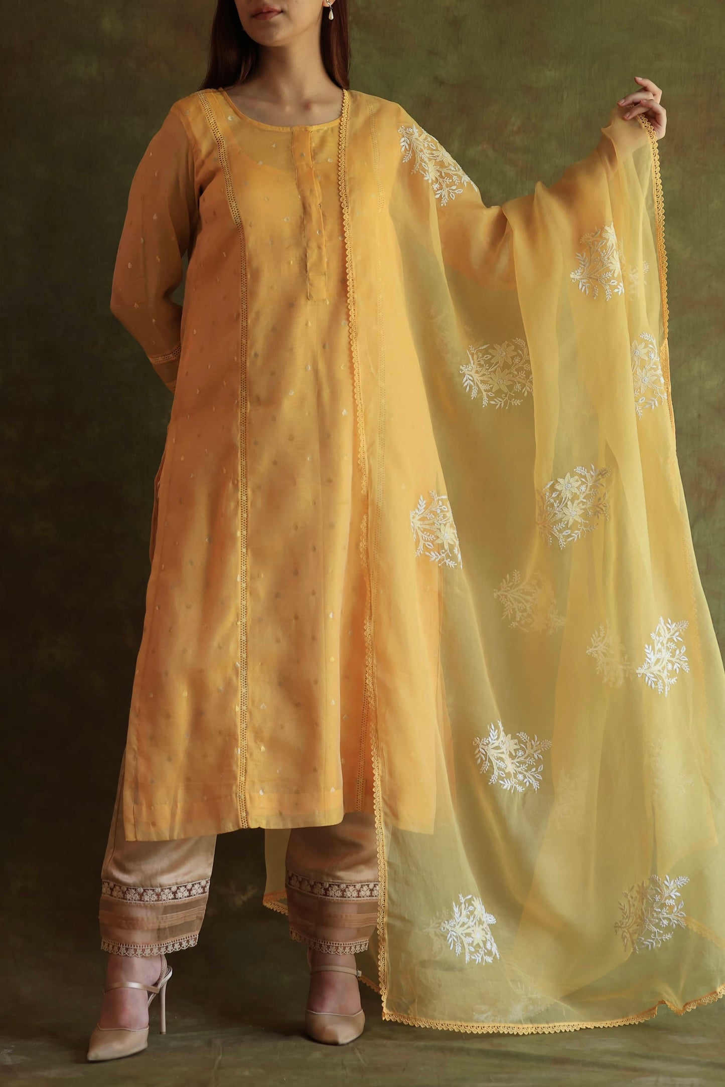 Yellow Jamdani X Chikankari Ready To Wear Kurta Dupatta Set