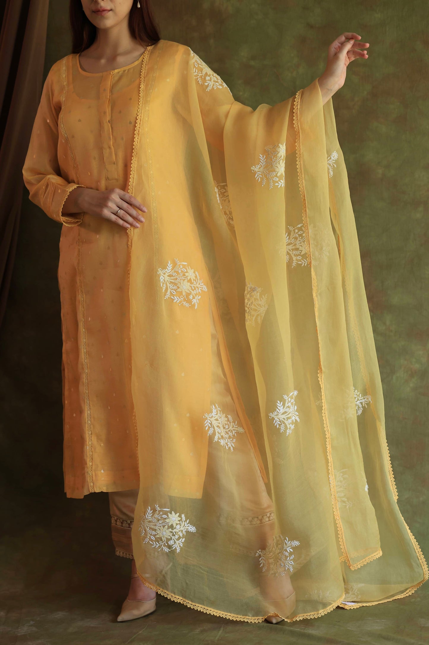 Yellow Jamdani X Chikankari Ready To Wear Kurta Dupatta Set