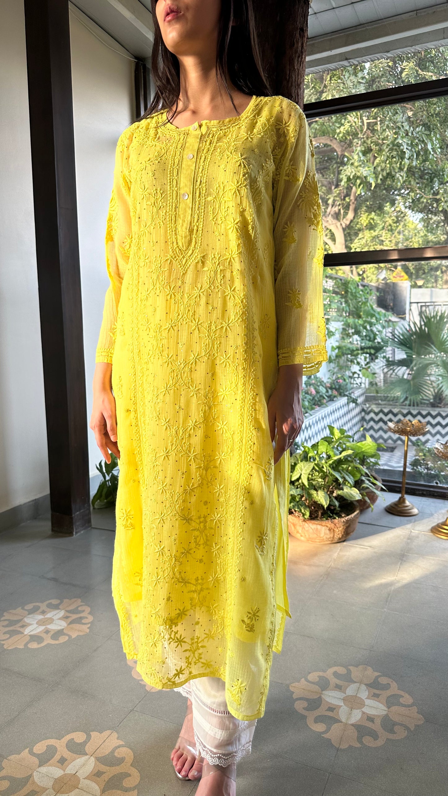 Yellow Kota Chikankari Kurta With Mukaish Kamdani Work