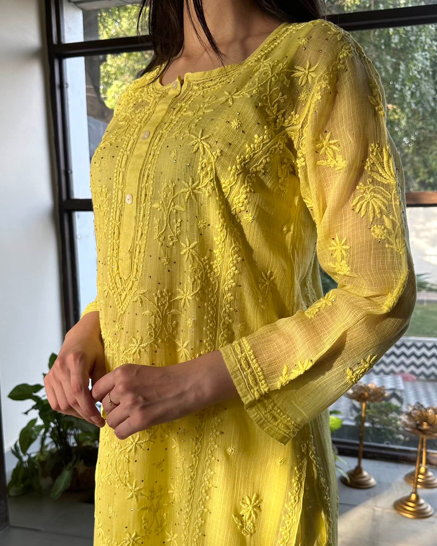 Yellow Kota Chikankari Kurta With Mukaish Kamdani Work