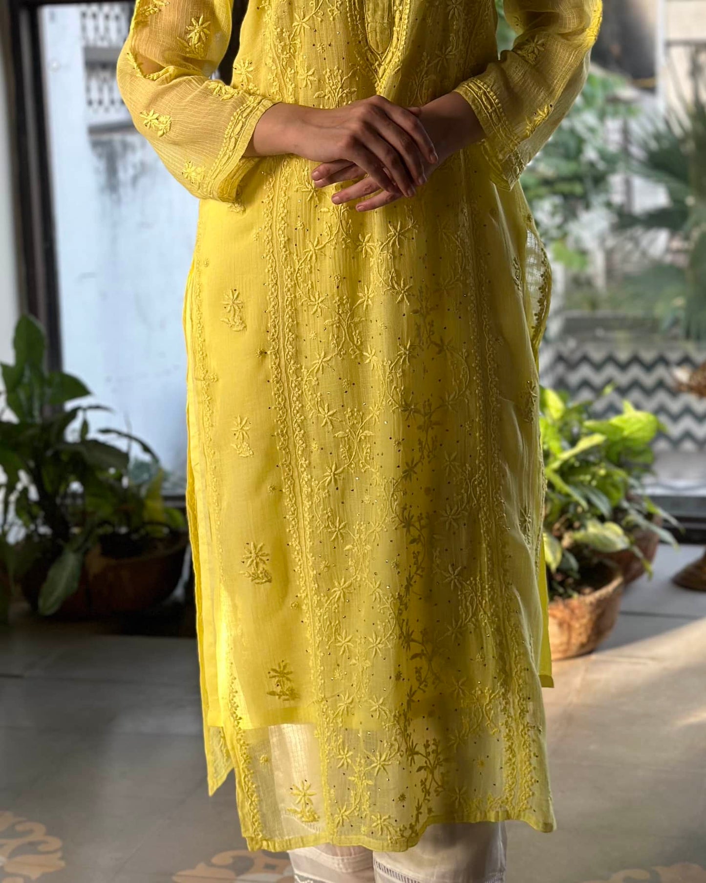 Yellow Kota Chikankari Kurta With Mukaish Kamdani Work