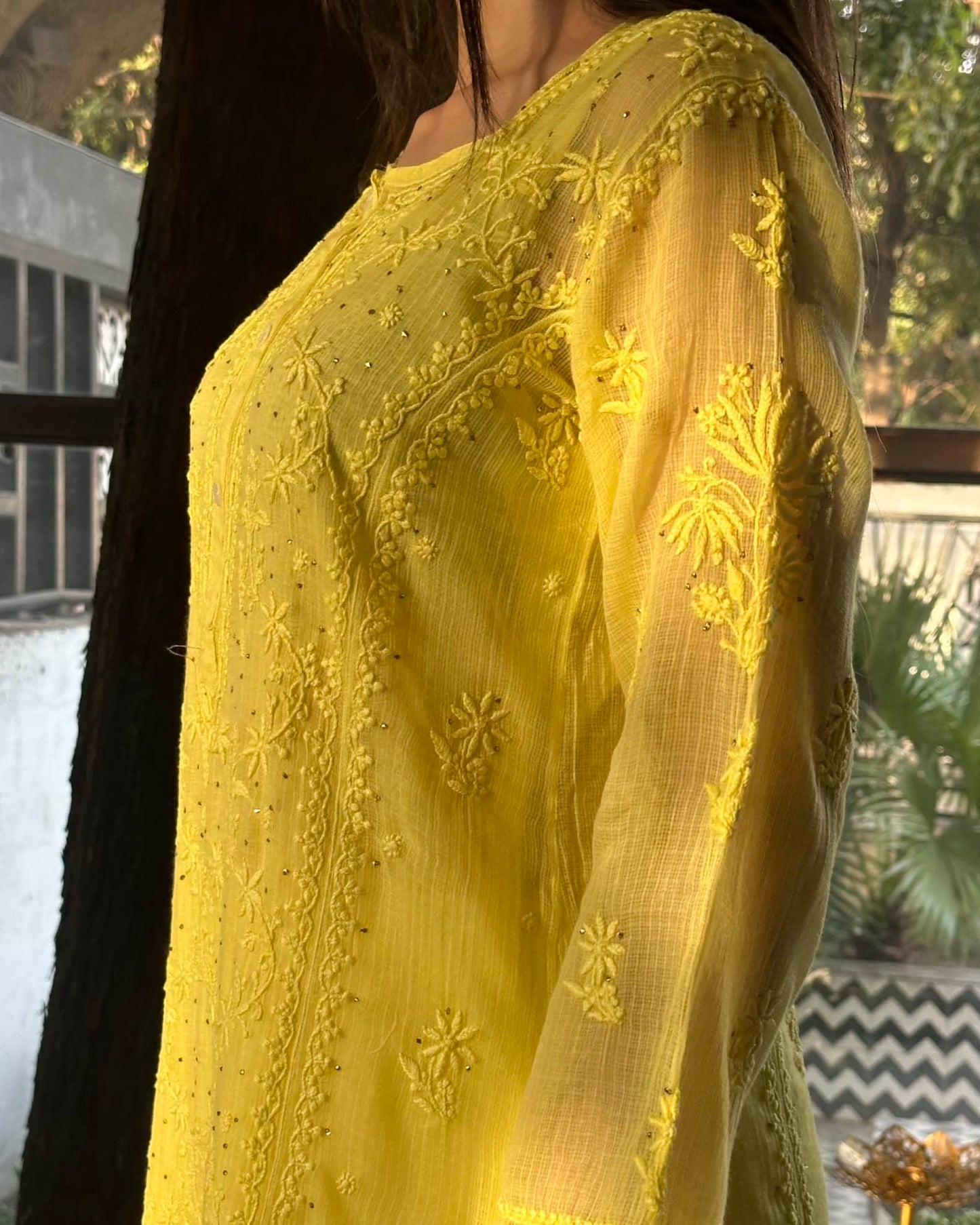 Yellow Kota Chikankari Kurta With Mukaish Kamdani Work