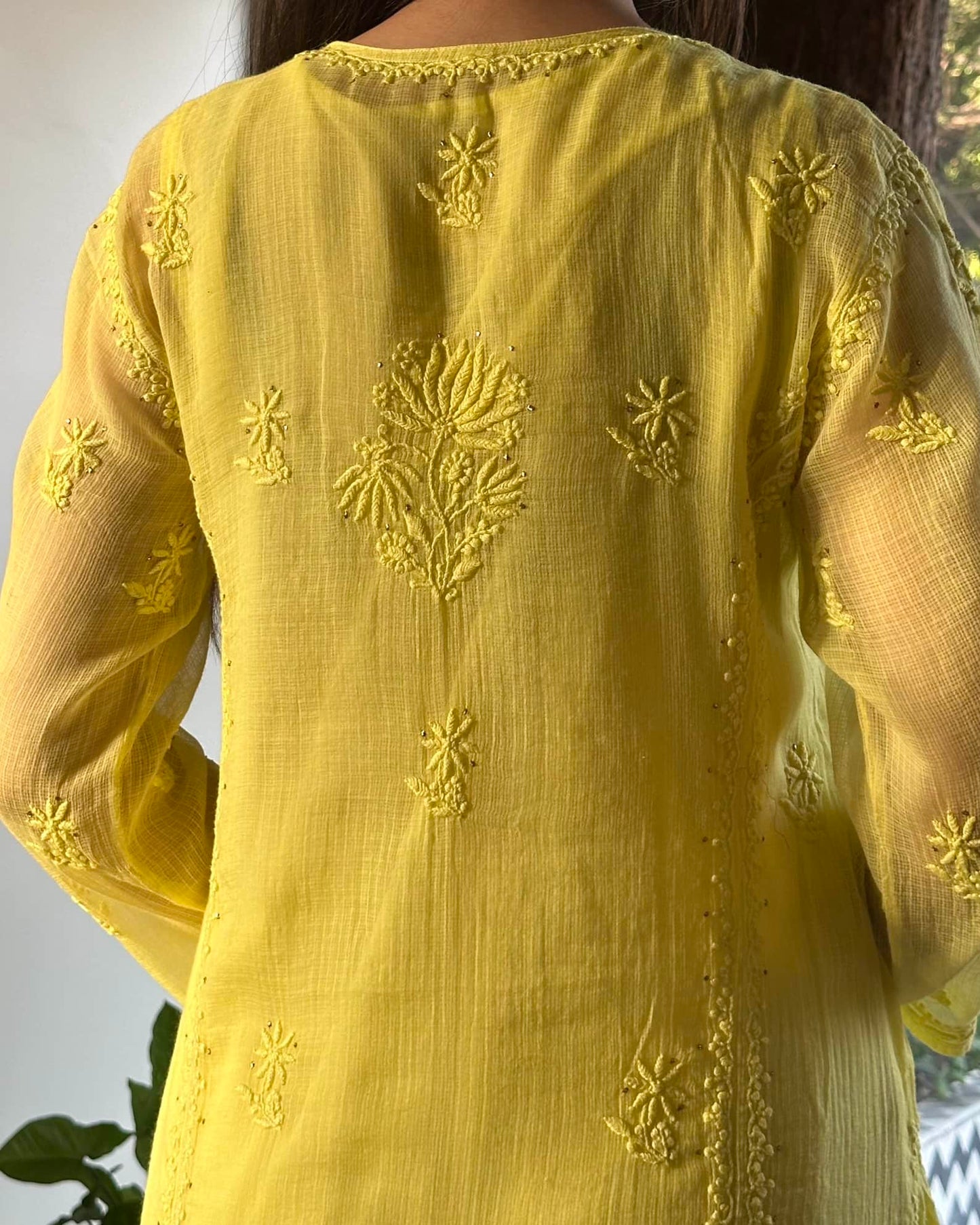 Yellow Kota Chikankari Kurta With Mukaish Kamdani Work