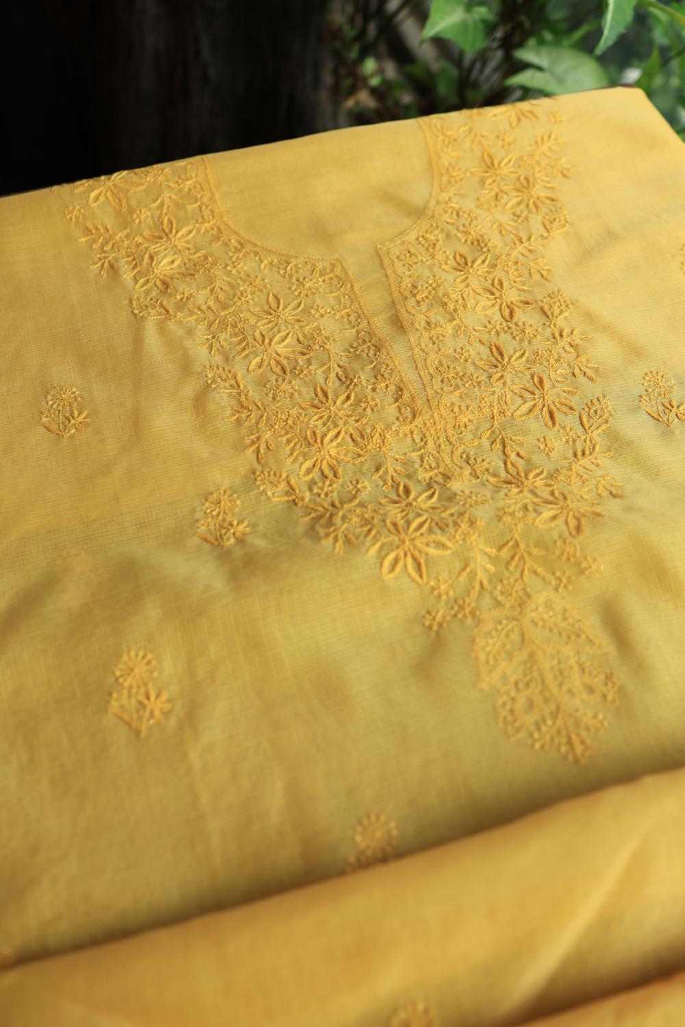 Yellow Kota Chikankari Unstitched Fabric
