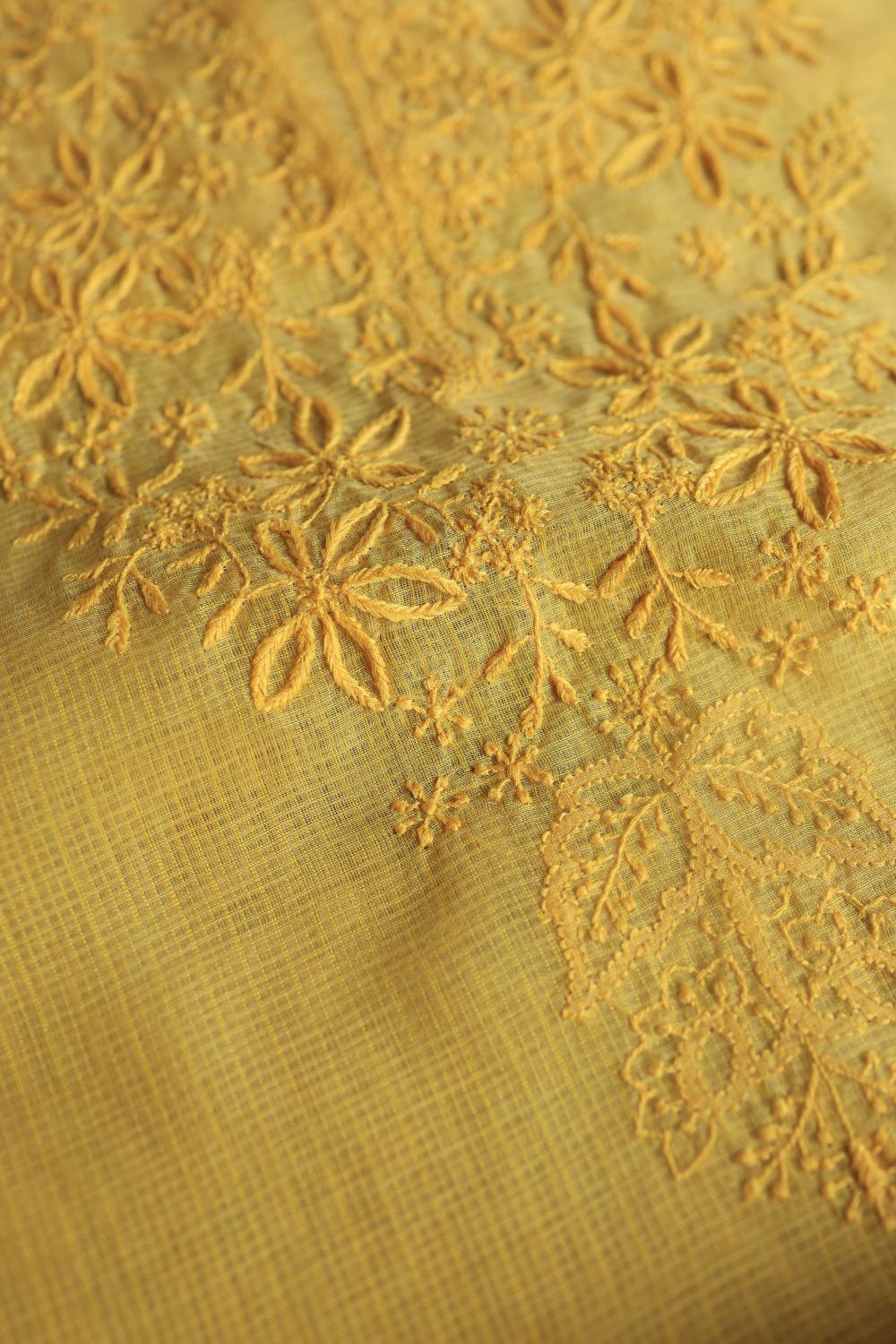 Yellow Kota Chikankari Unstitched Fabric