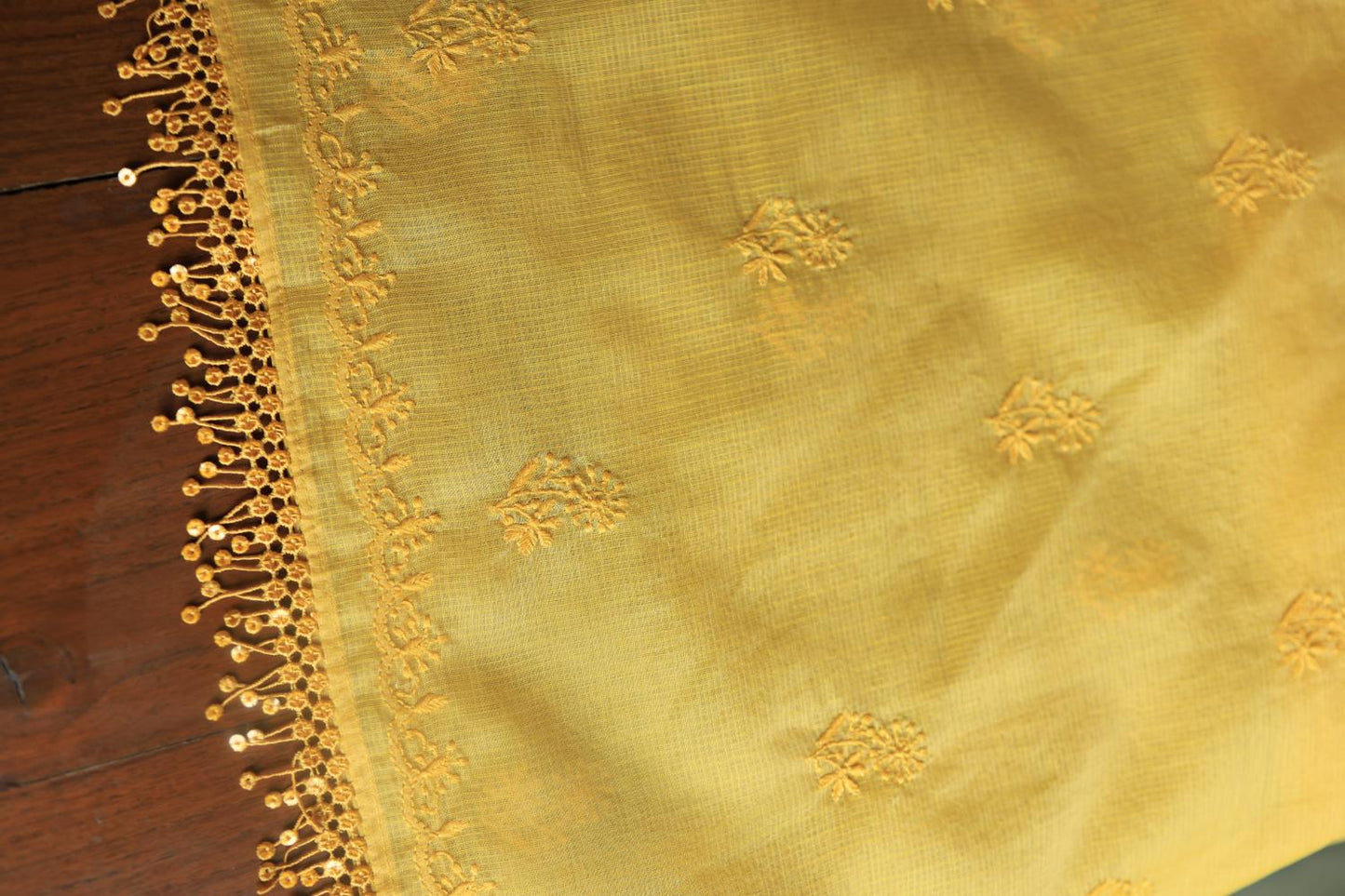 Yellow Kota Chikankari Unstitched Fabric