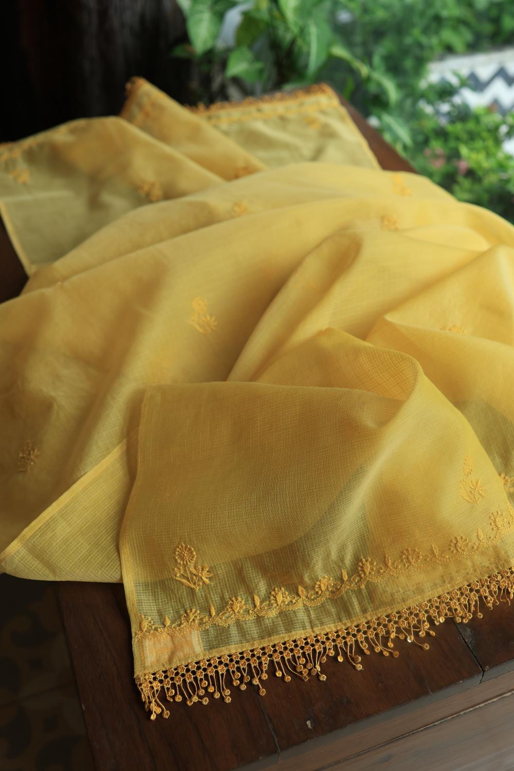 Yellow Kota Chikankari Unstitched Fabric