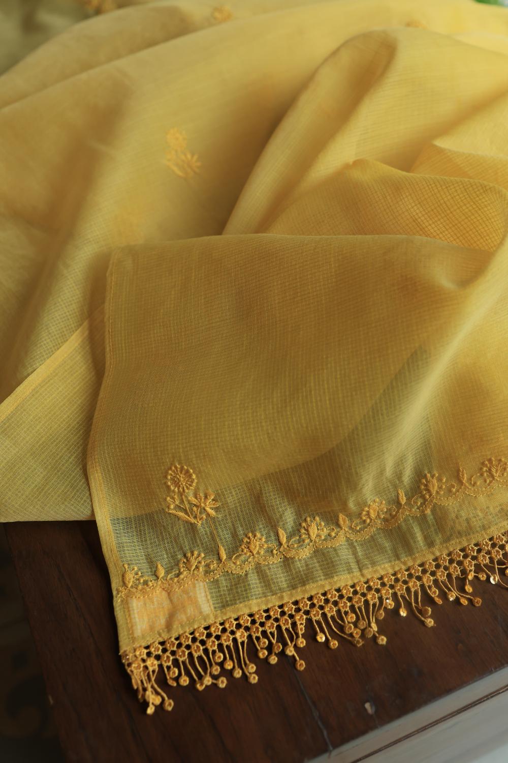 Yellow Kota Chikankari Unstitched Fabric