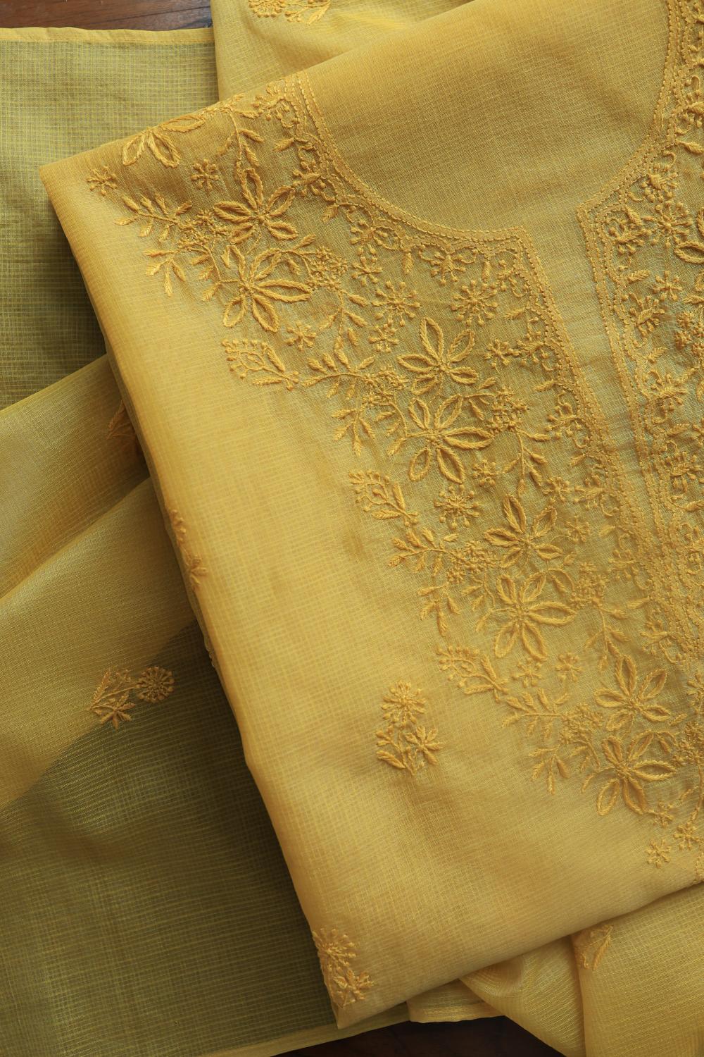 Yellow Kota Chikankari Unstitched Fabric