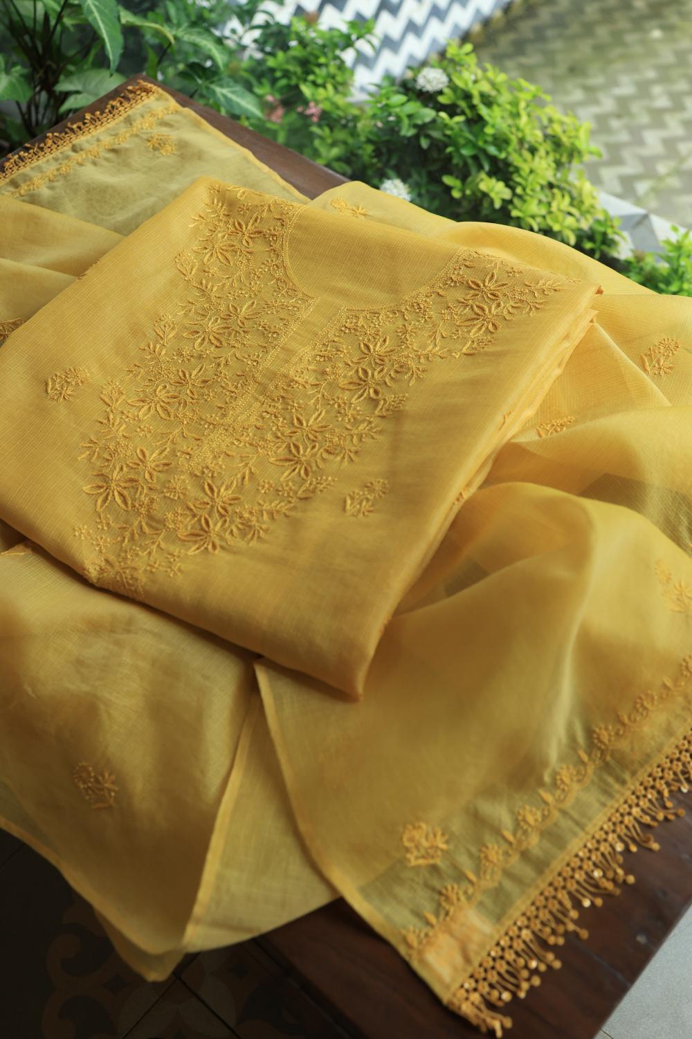 Yellow Kota Chikankari Unstitched Fabric