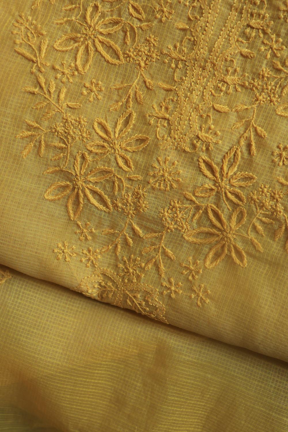 Yellow Kota Chikankari Unstitched Fabric