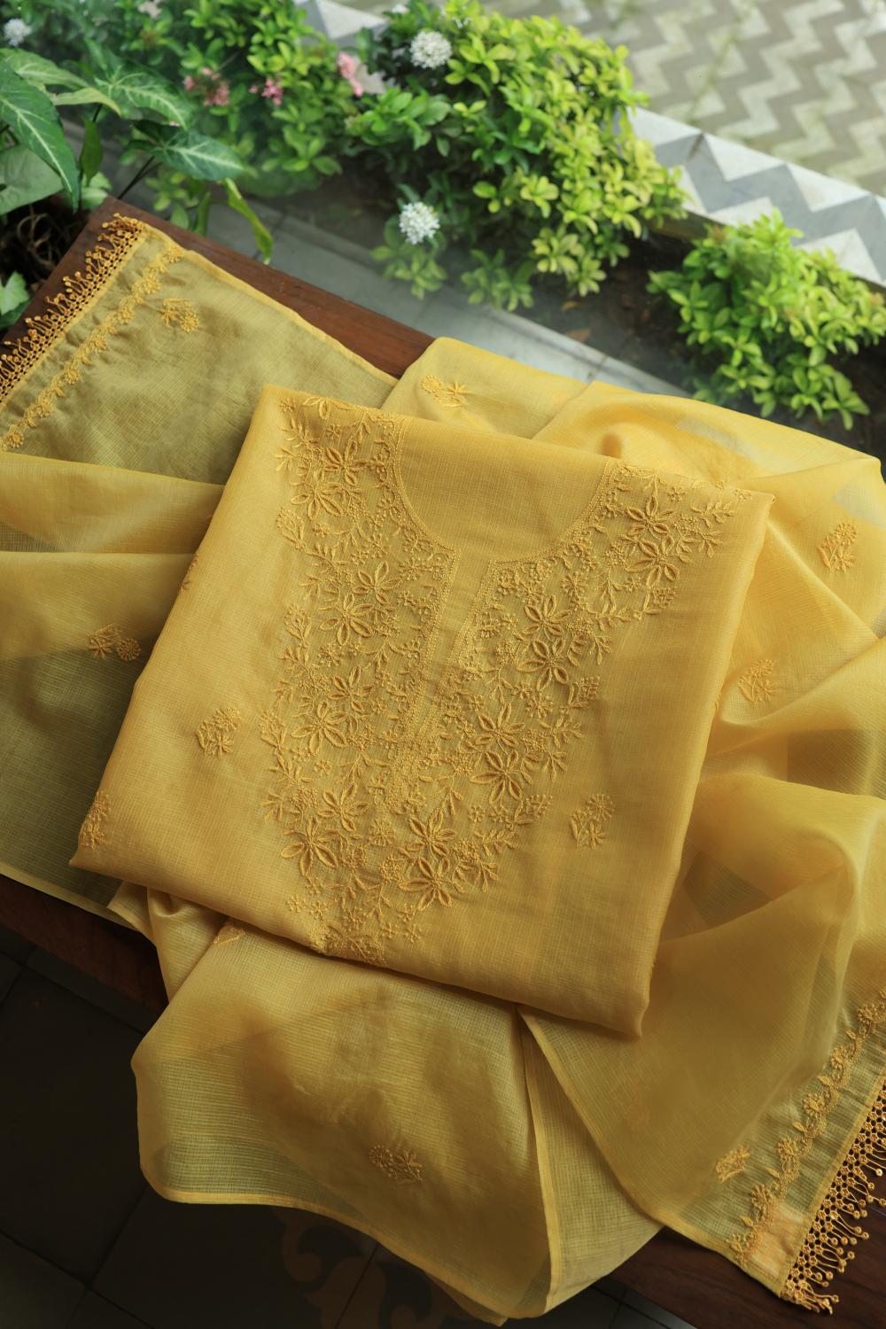 Yellow Kota Chikankari Unstitched Fabric