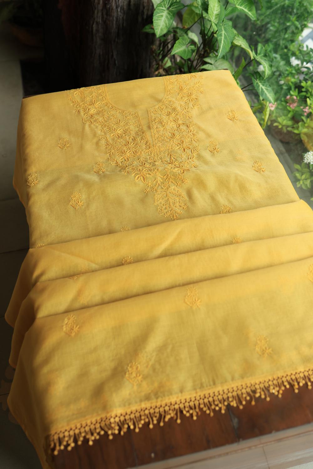 Yellow Kota Chikankari Unstitched Fabric