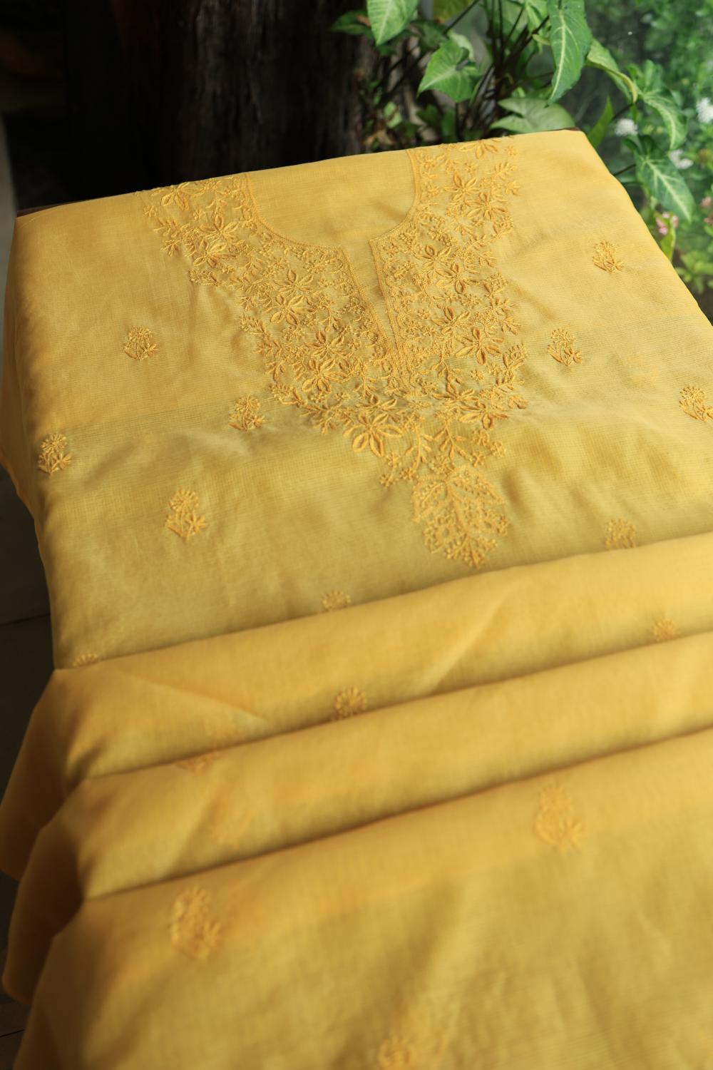 Yellow Kota Chikankari Unstitched Fabric