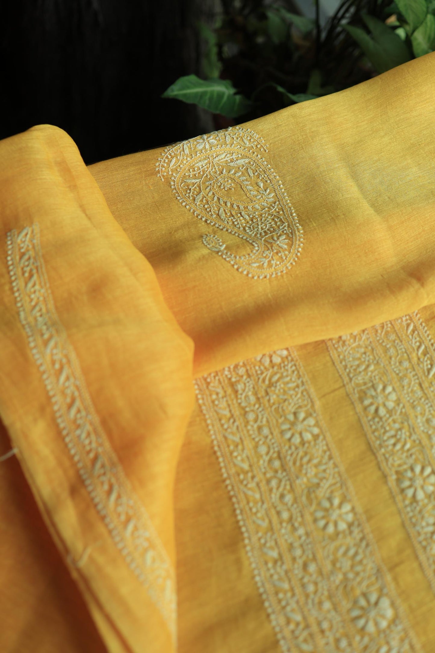 Yellow Linen Chikankari Unstitched Men's Kurtas Fabric