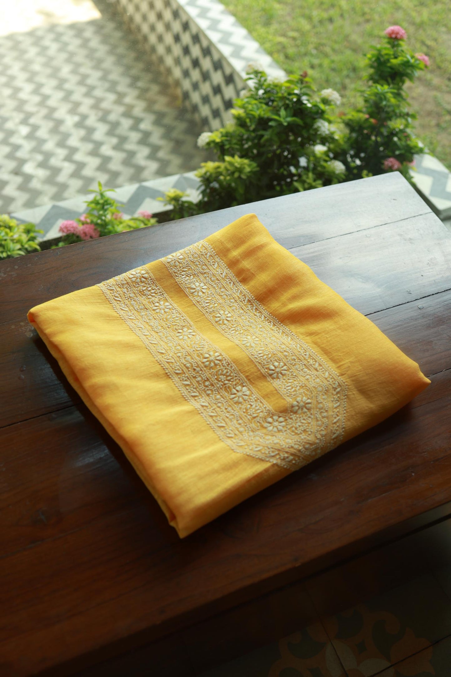 Yellow Linen Chikankari Unstitched Men's Kurtas Fabric