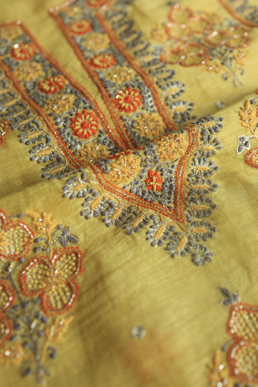 Yellow Linen Silk Chikankari With Ari Work Unstitched Kurta Dupatta Set