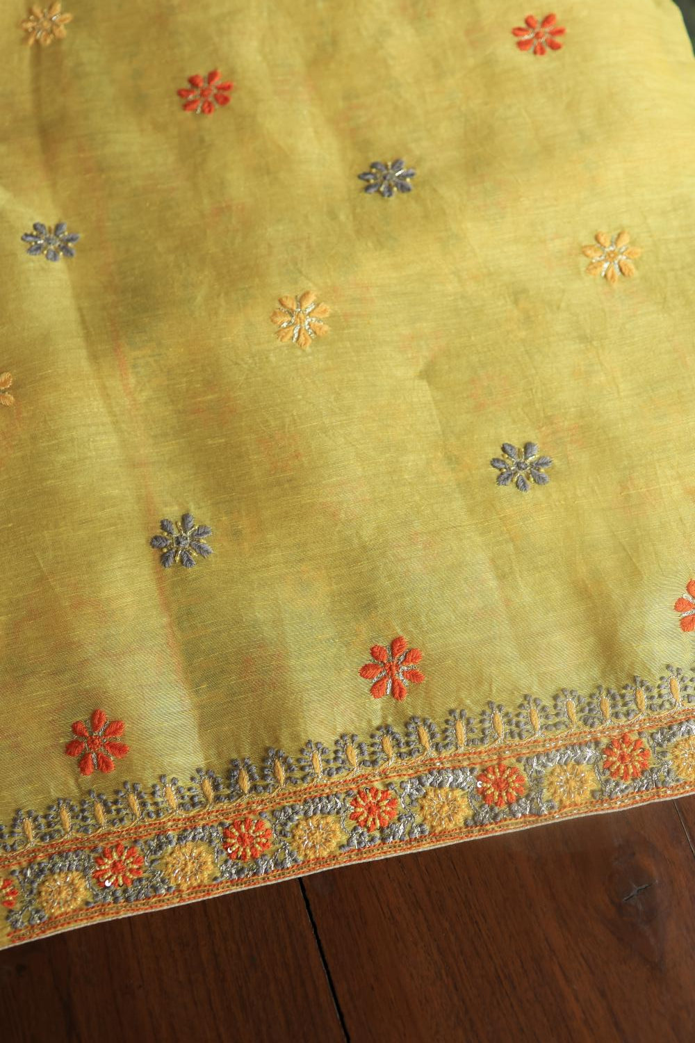 Yellow Linen Silk Chikankari With Ari Work Unstitched Kurta Dupatta Set