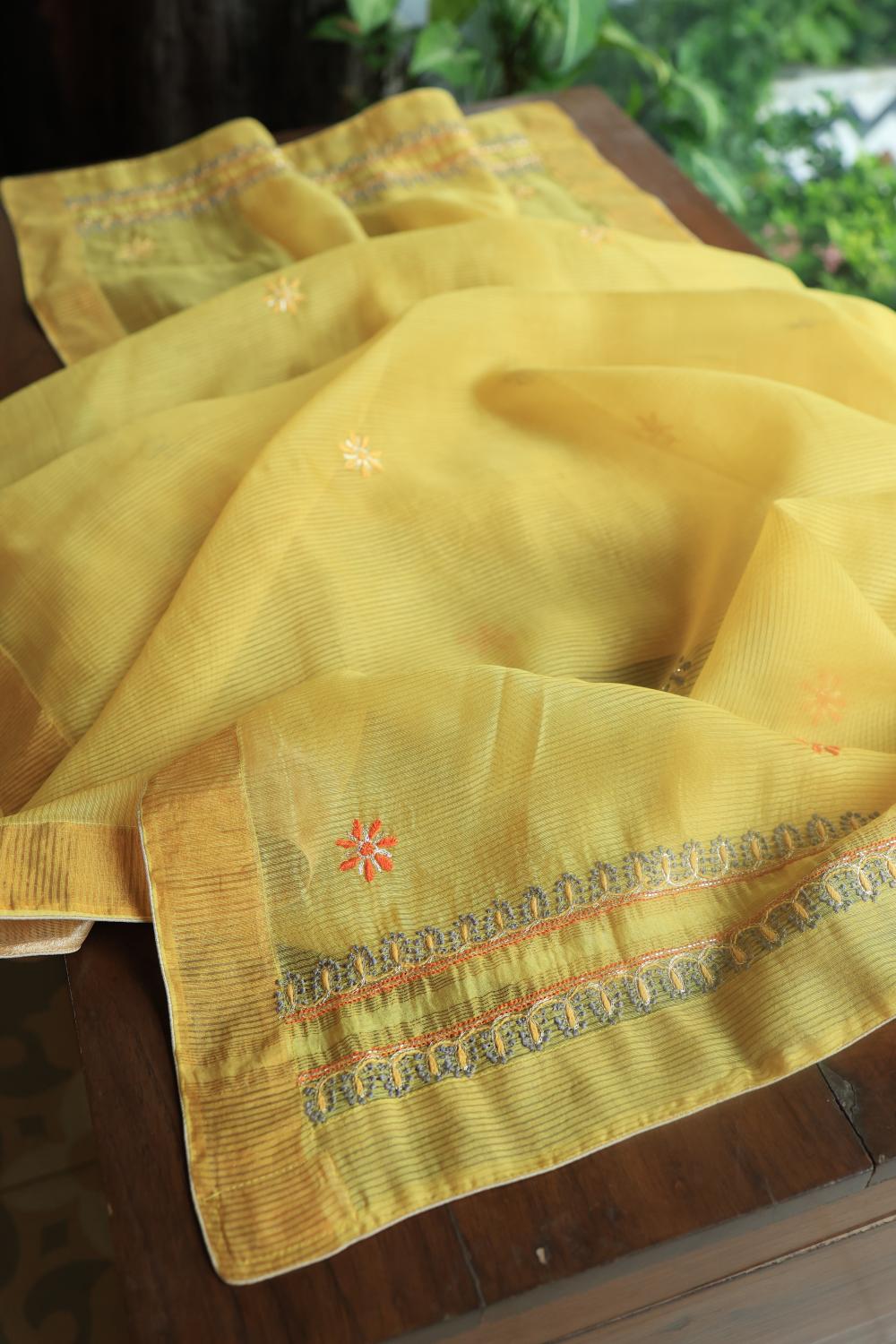 Yellow Linen Silk Chikankari With Ari Work Unstitched Kurta Dupatta Set