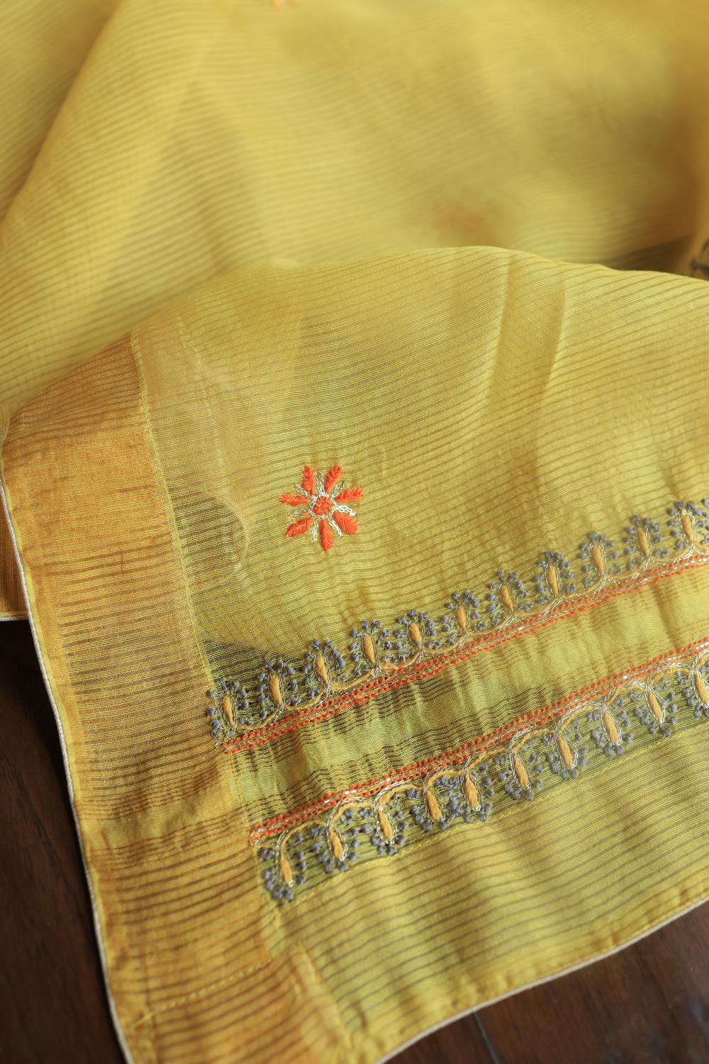 Yellow Linen Silk Chikankari With Ari Work Unstitched Kurta Dupatta Set