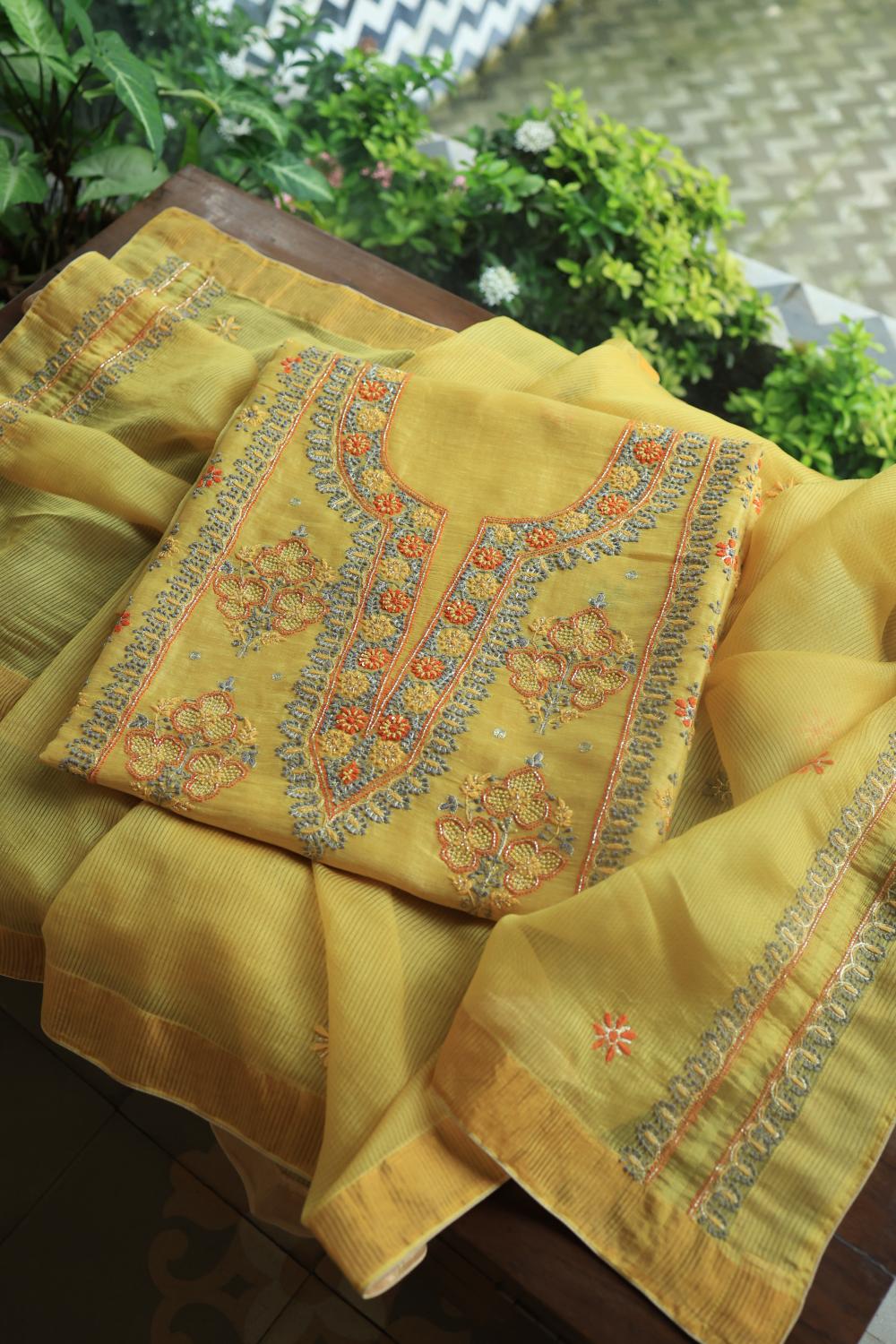 Yellow Linen Silk Chikankari With Ari Work Unstitched Kurta Dupatta Set