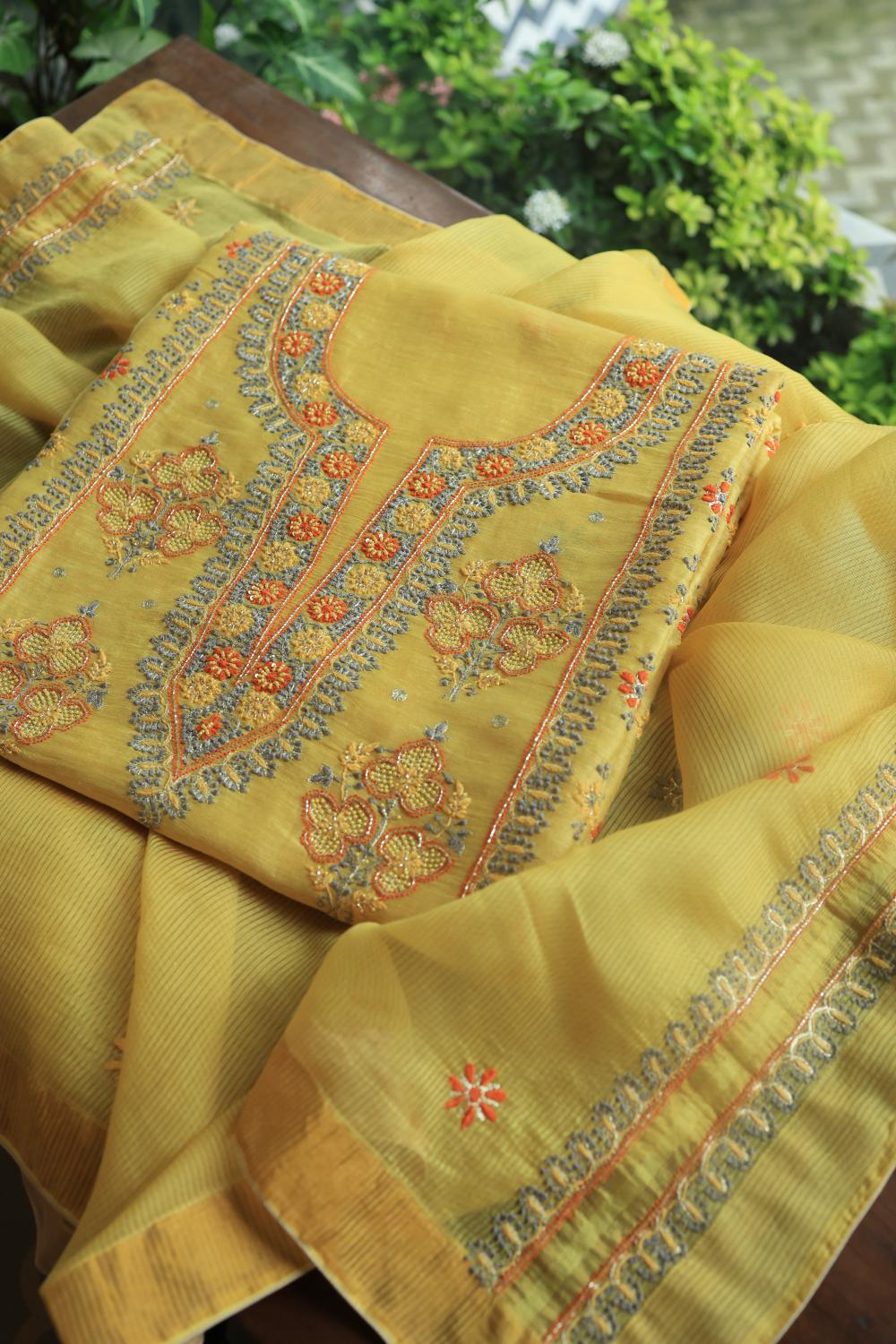 Yellow Linen Silk Chikankari With Ari Work Unstitched Kurta Dupatta Set