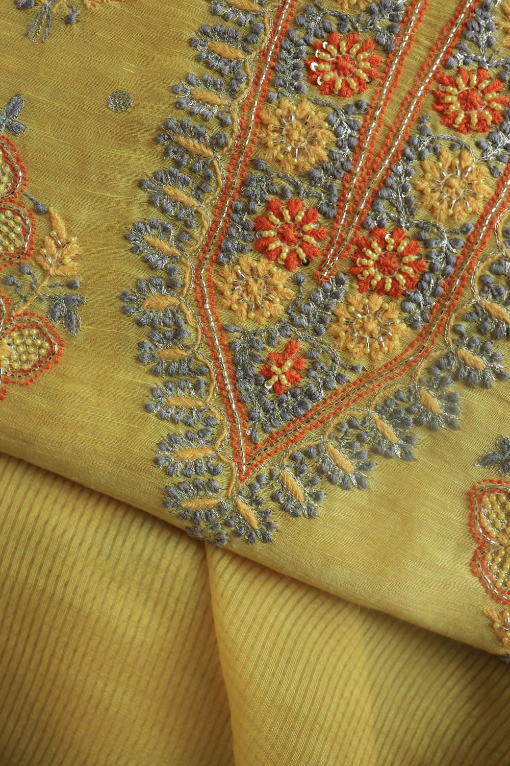 Yellow Linen Silk Chikankari With Ari Work Unstitched Kurta Dupatta Set
