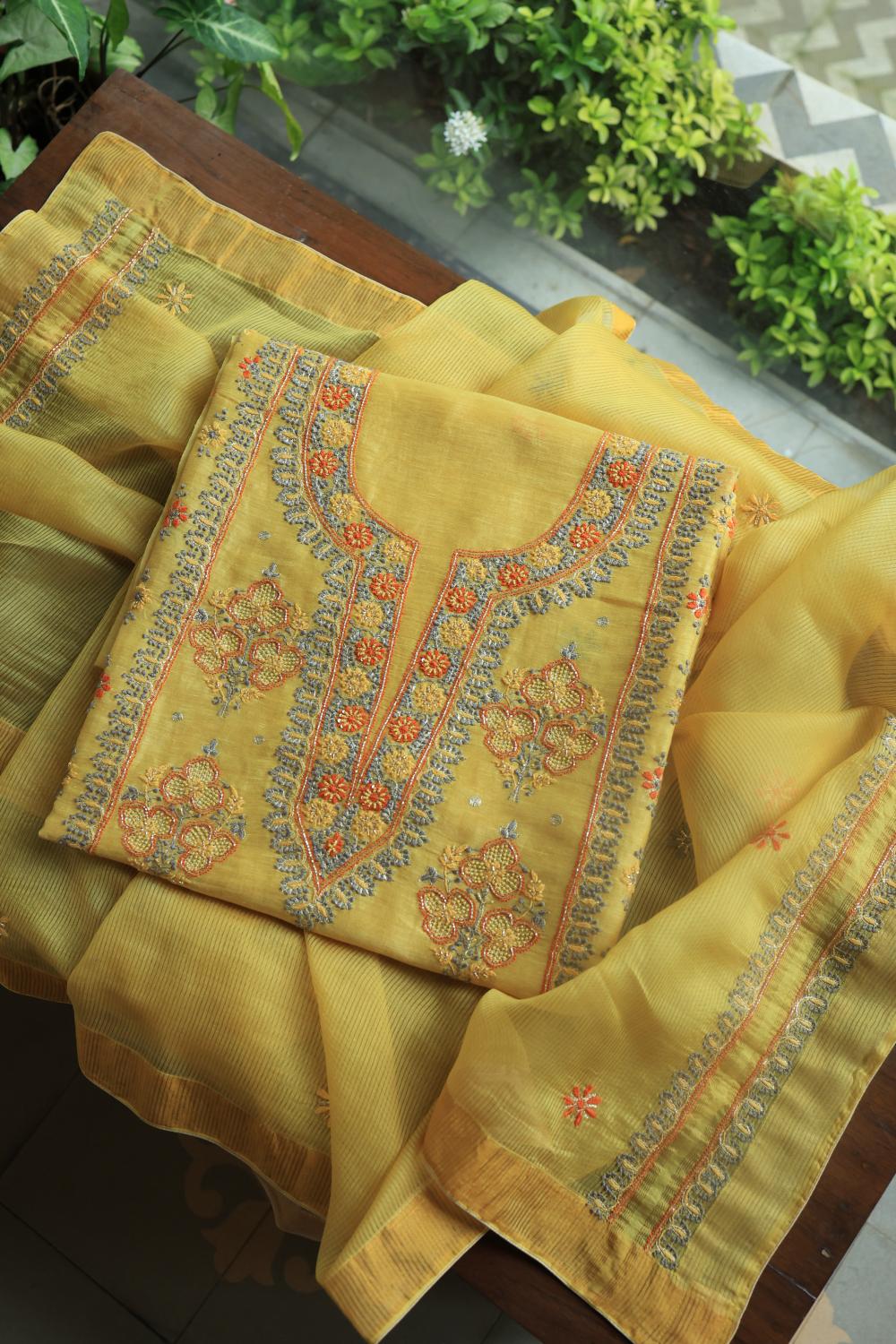 Yellow Linen Silk Chikankari With Ari Work Unstitched Kurta Dupatta Set