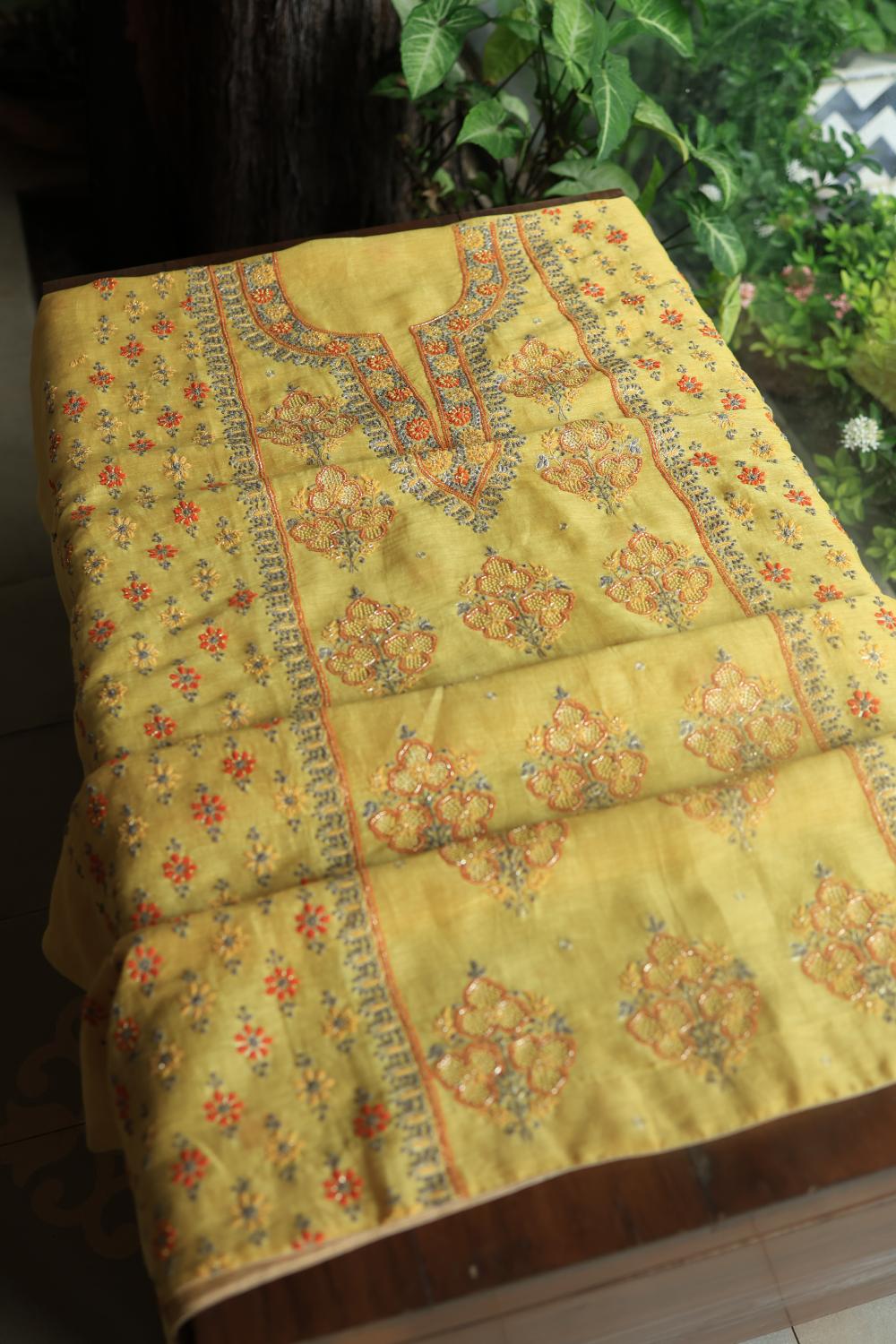 Yellow Linen Silk Chikankari With Ari Work Unstitched Kurta Dupatta Set
