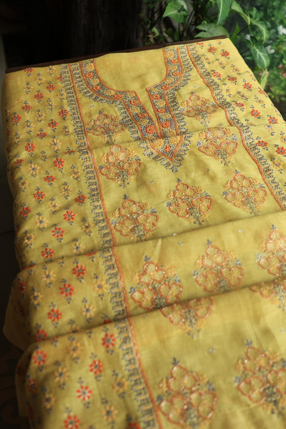 Yellow Linen Silk Chikankari With Ari Work Unstitched Kurta Dupatta Set