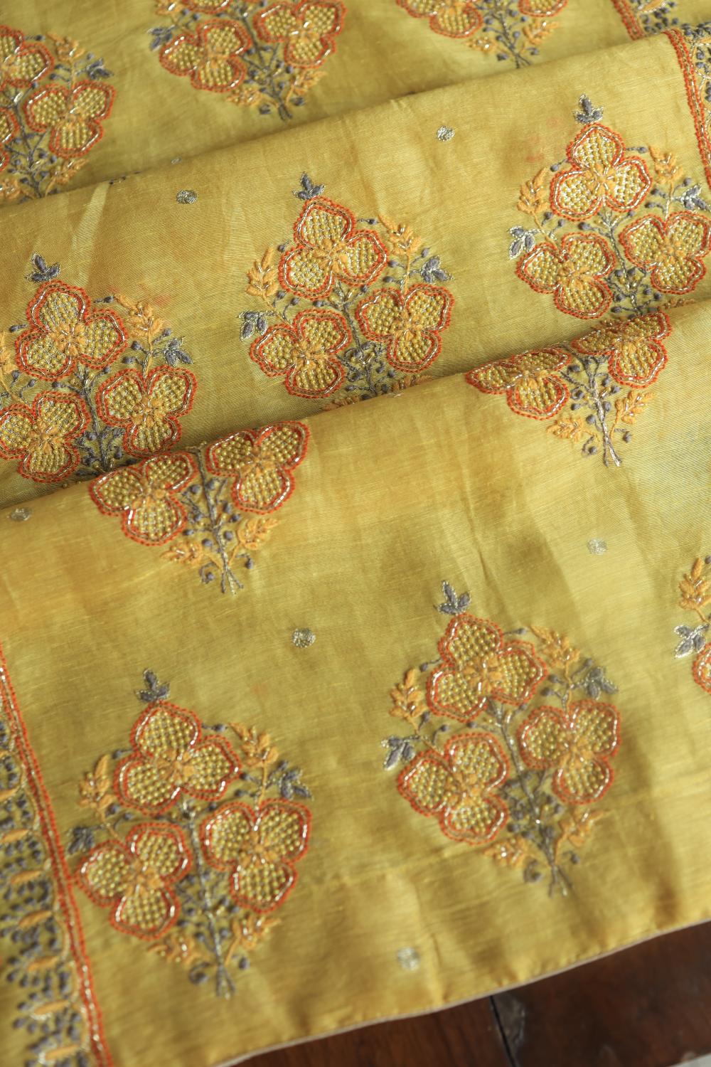 Yellow Linen Silk Chikankari With Ari Work Unstitched Kurta Dupatta Set