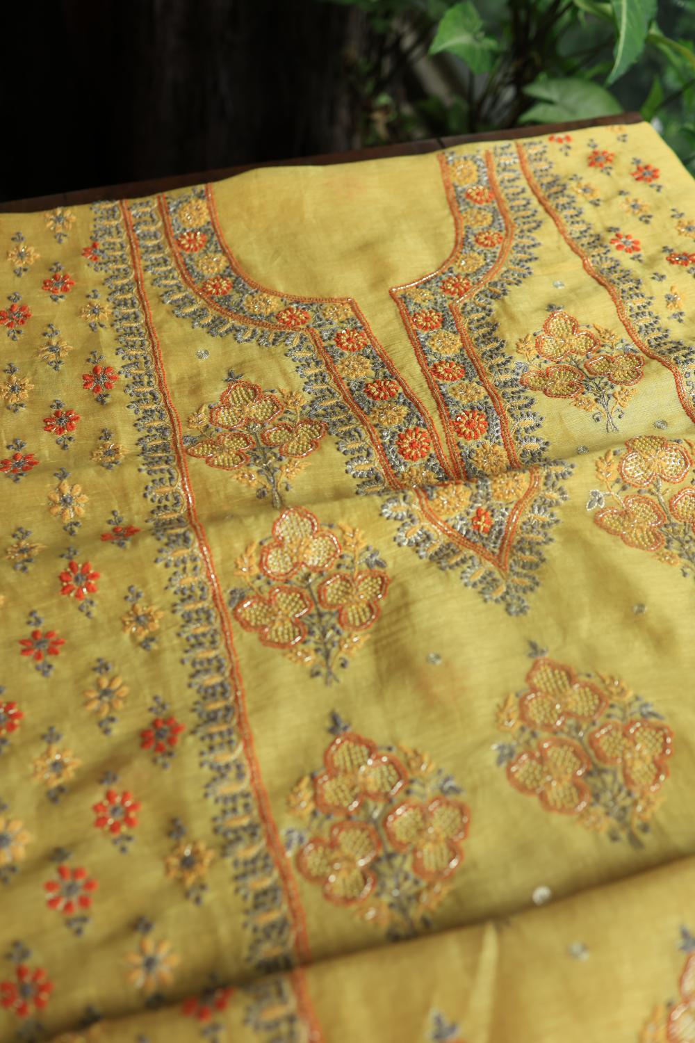 Yellow Linen Silk Chikankari With Ari Work Unstitched Kurta Dupatta Set