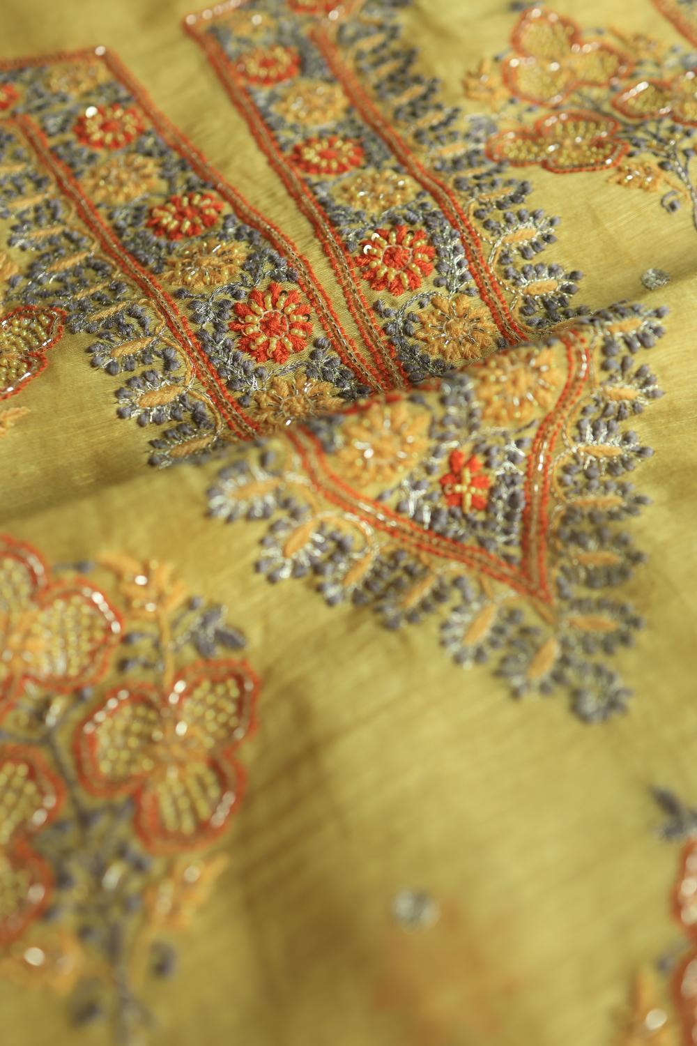 Yellow Linen Silk Chikankari With Ari Work Unstitched Kurta Dupatta Set