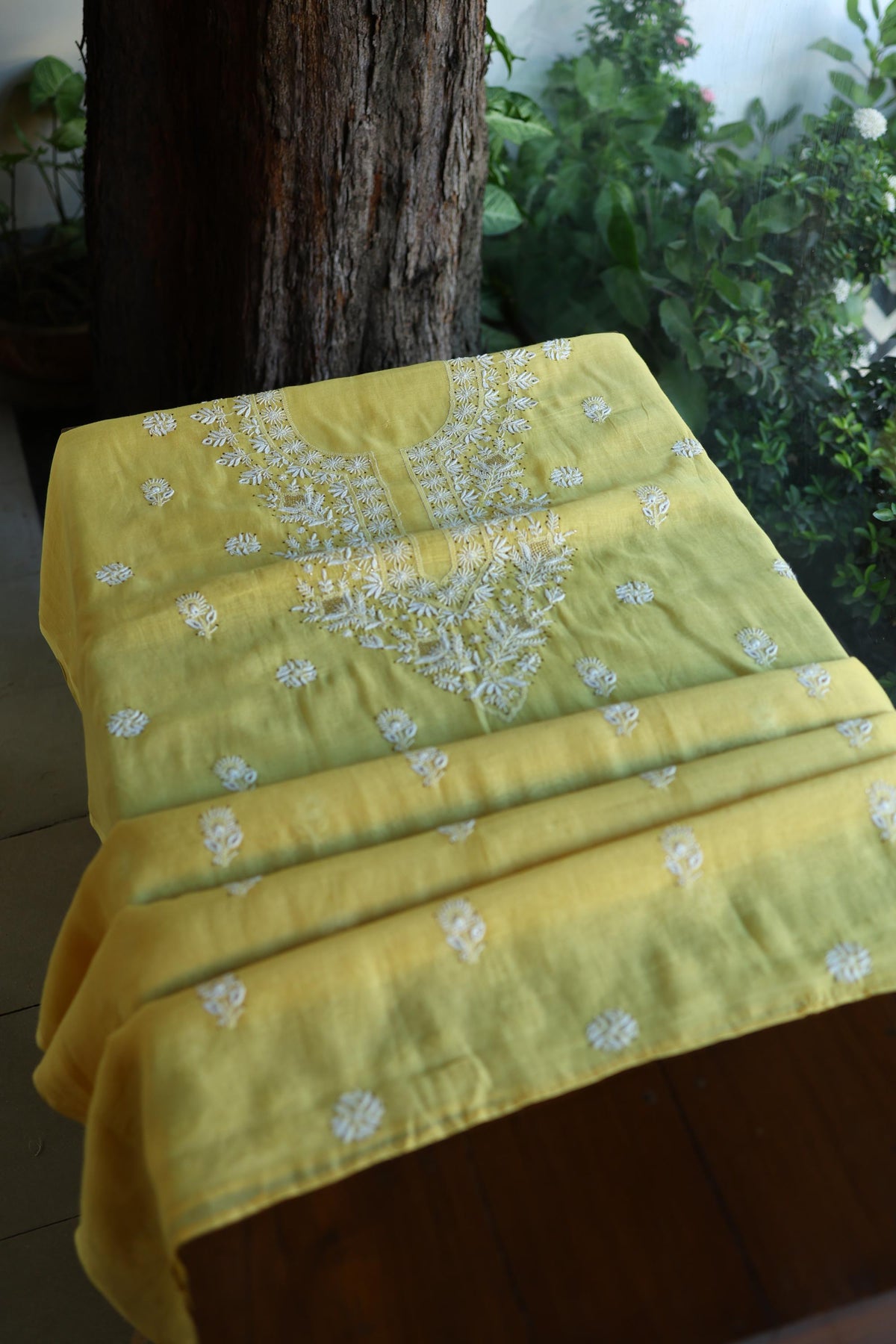 Yellow Mal Cotton Chikankari Kurta & Dupatta Set with Mukaish Work