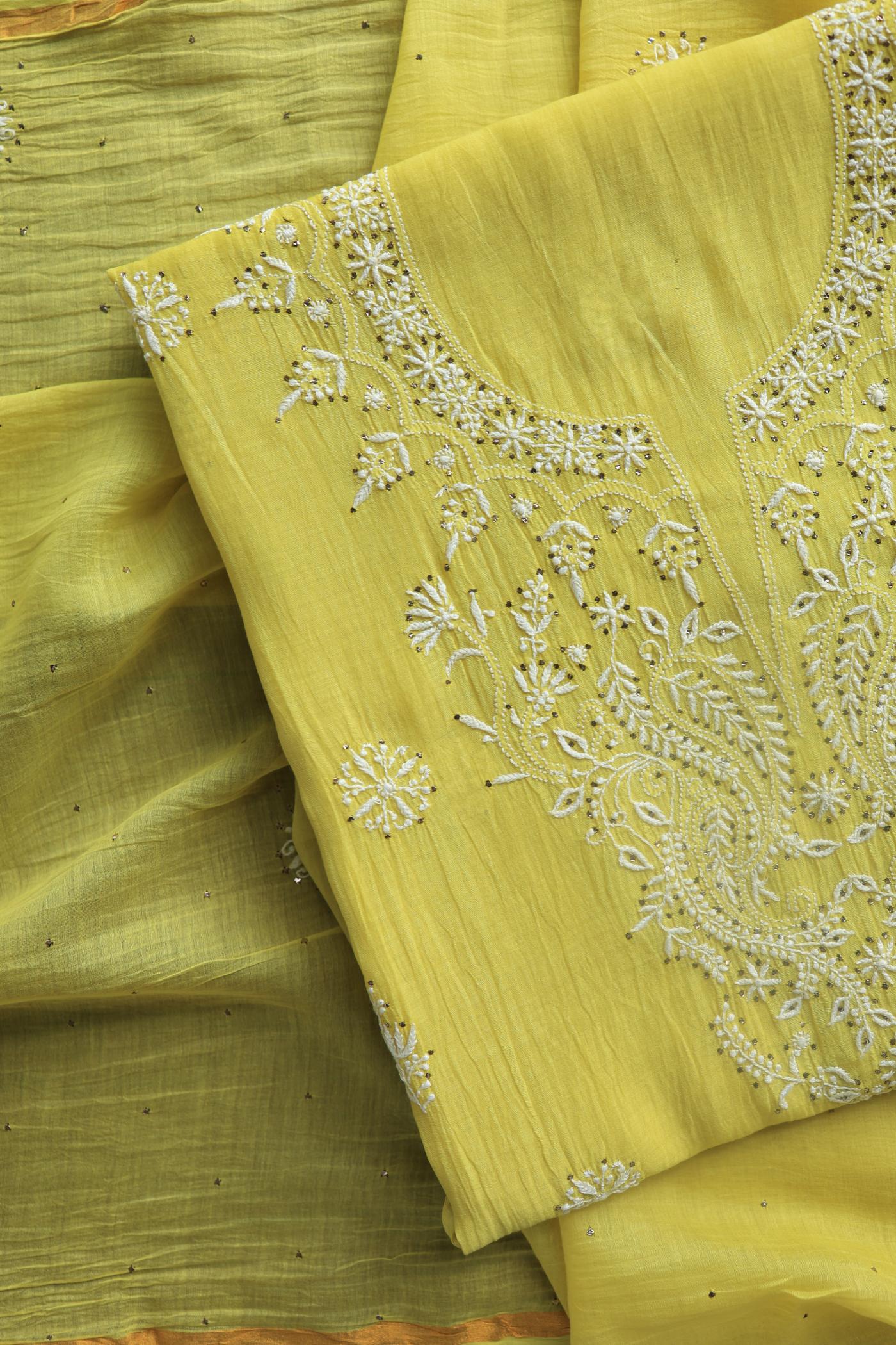 Yellow Mal Cotton Chikankari Unstitched Kurta Dupatta Fabrics With Kamdani