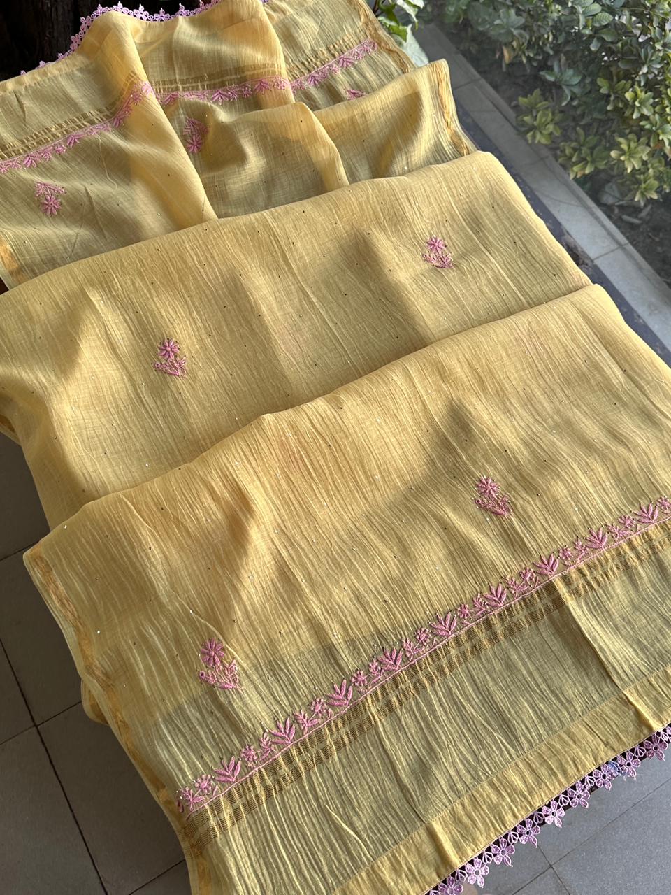 Yellow | Malmal Mukaish Kamdani Chikankari Stitched Kurta Dupatta Set