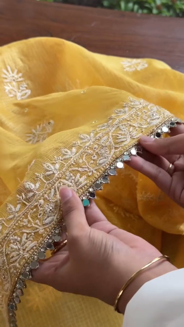 Yellow Mirror work Tussar Kota Chikankari Kurta set fabric