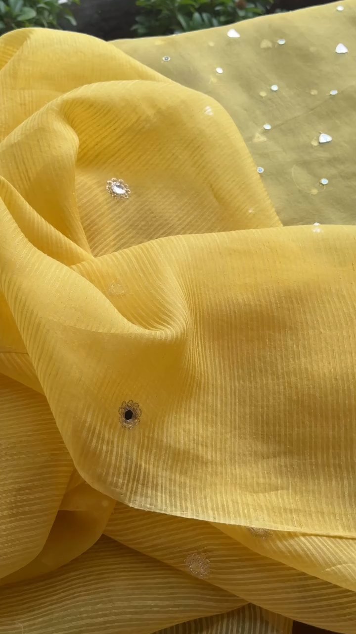 Yellow Mirror work Tussar Kota Chikankari Kurta set fabric