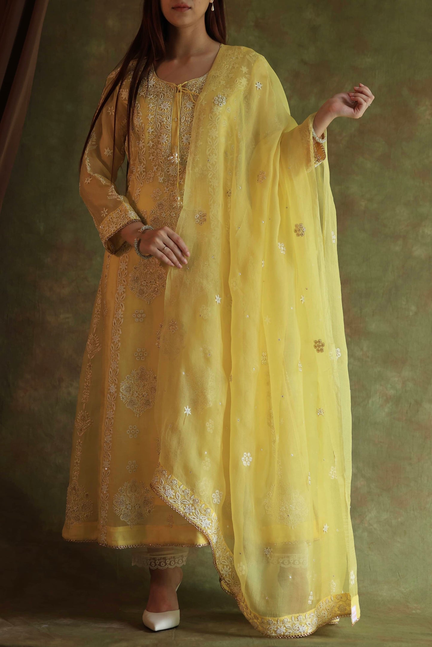 Yellow Noor Organza Chikankari Anarkali With Dupatta