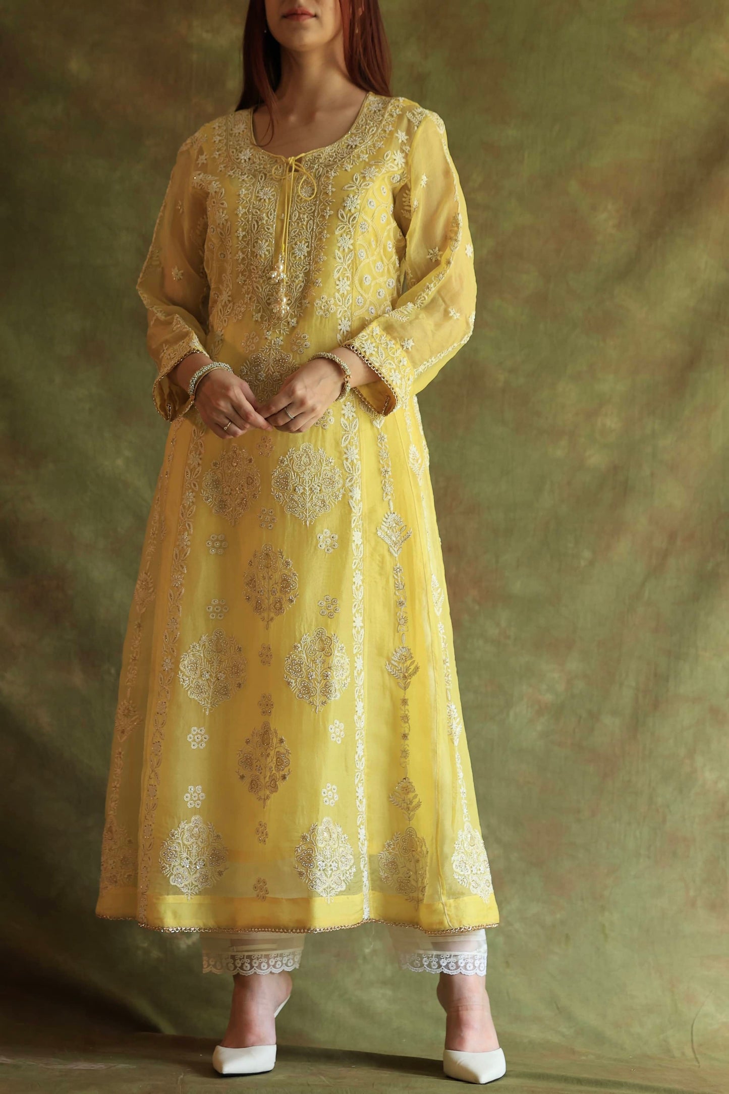 Yellow Noor Organza Chikankari Anarkali With Dupatta