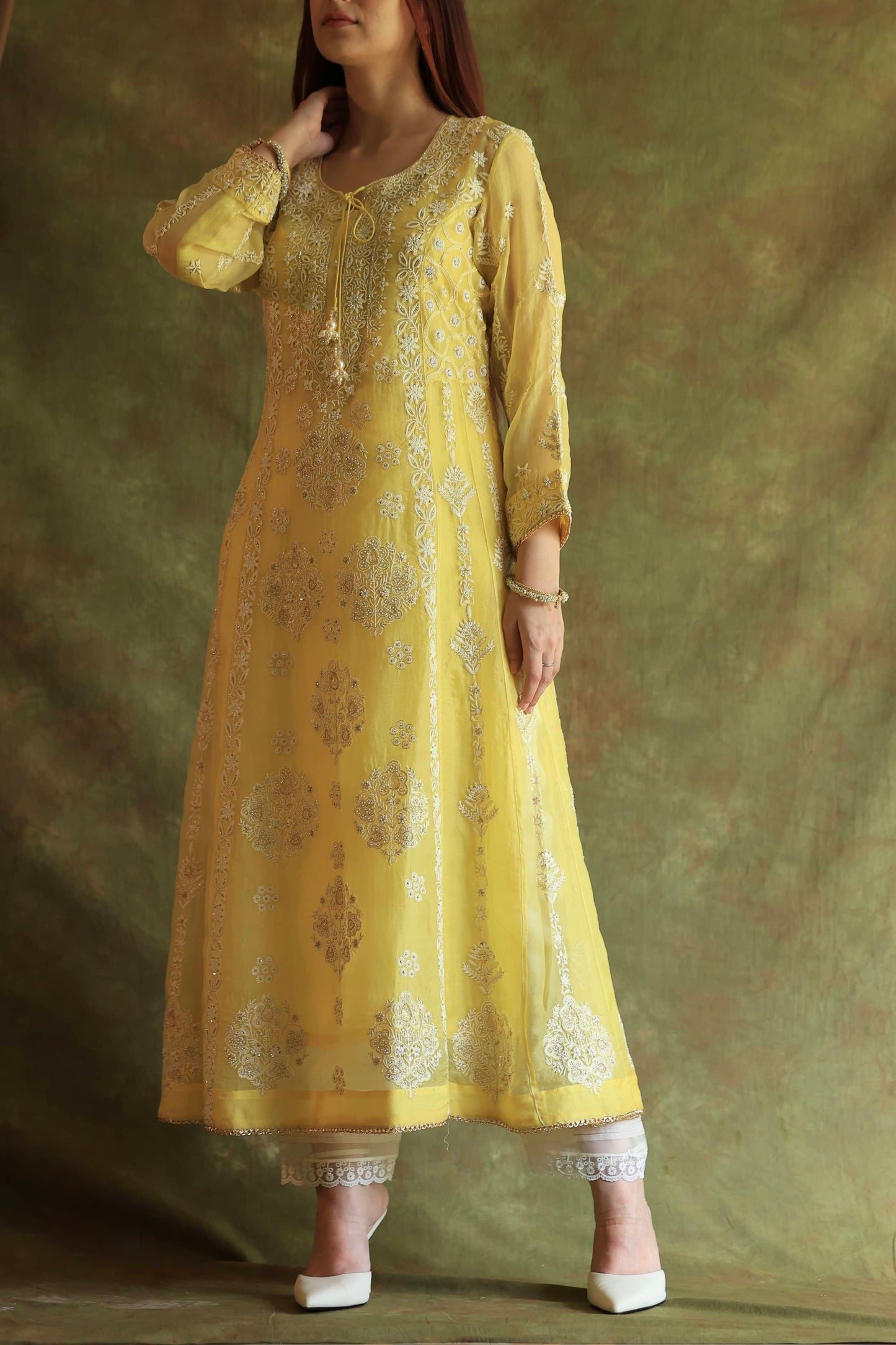 Yellow Noor Organza Chikankari Anarkali With Dupatta