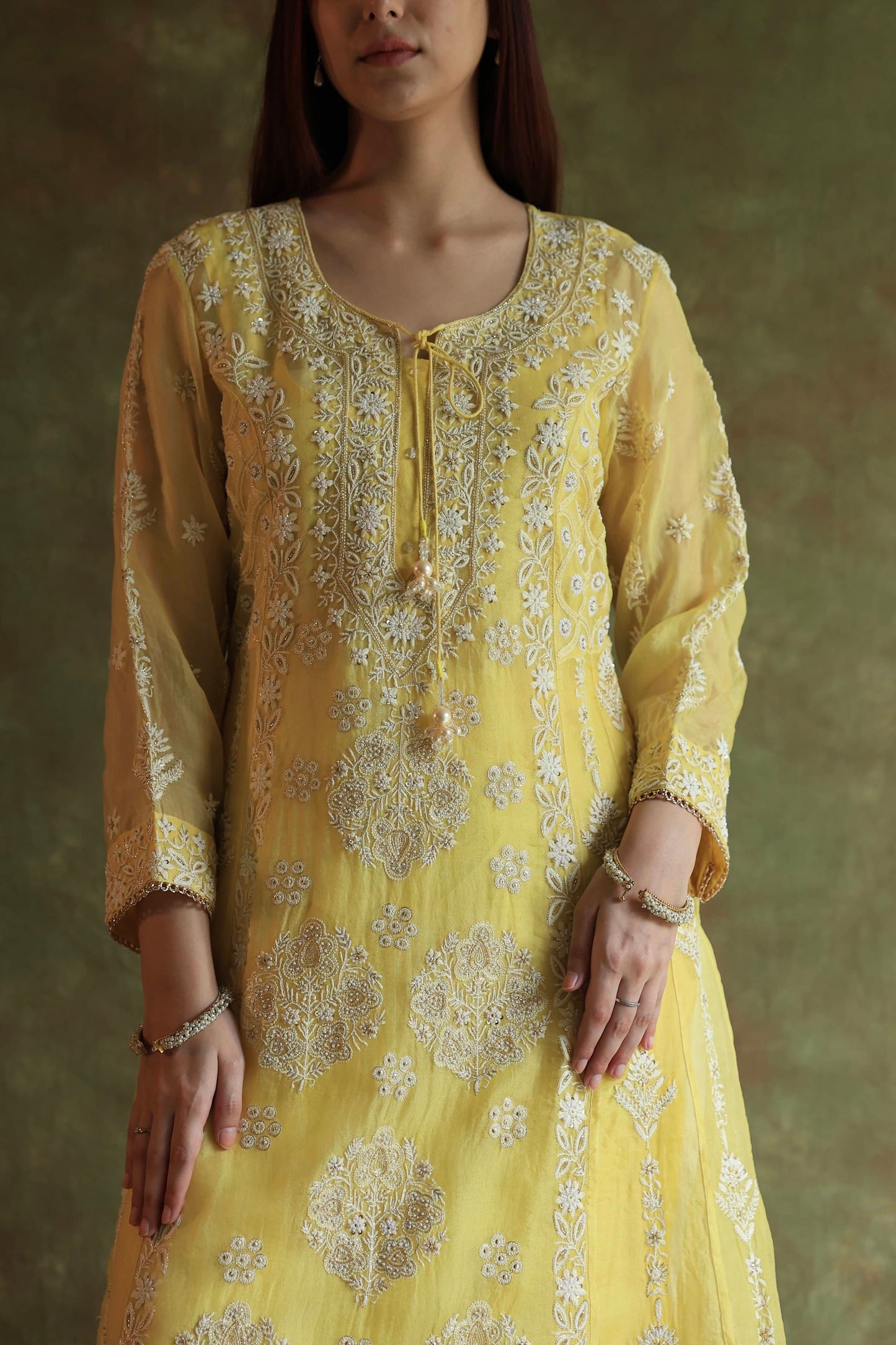 Yellow Noor Organza Chikankari Anarkali With Dupatta