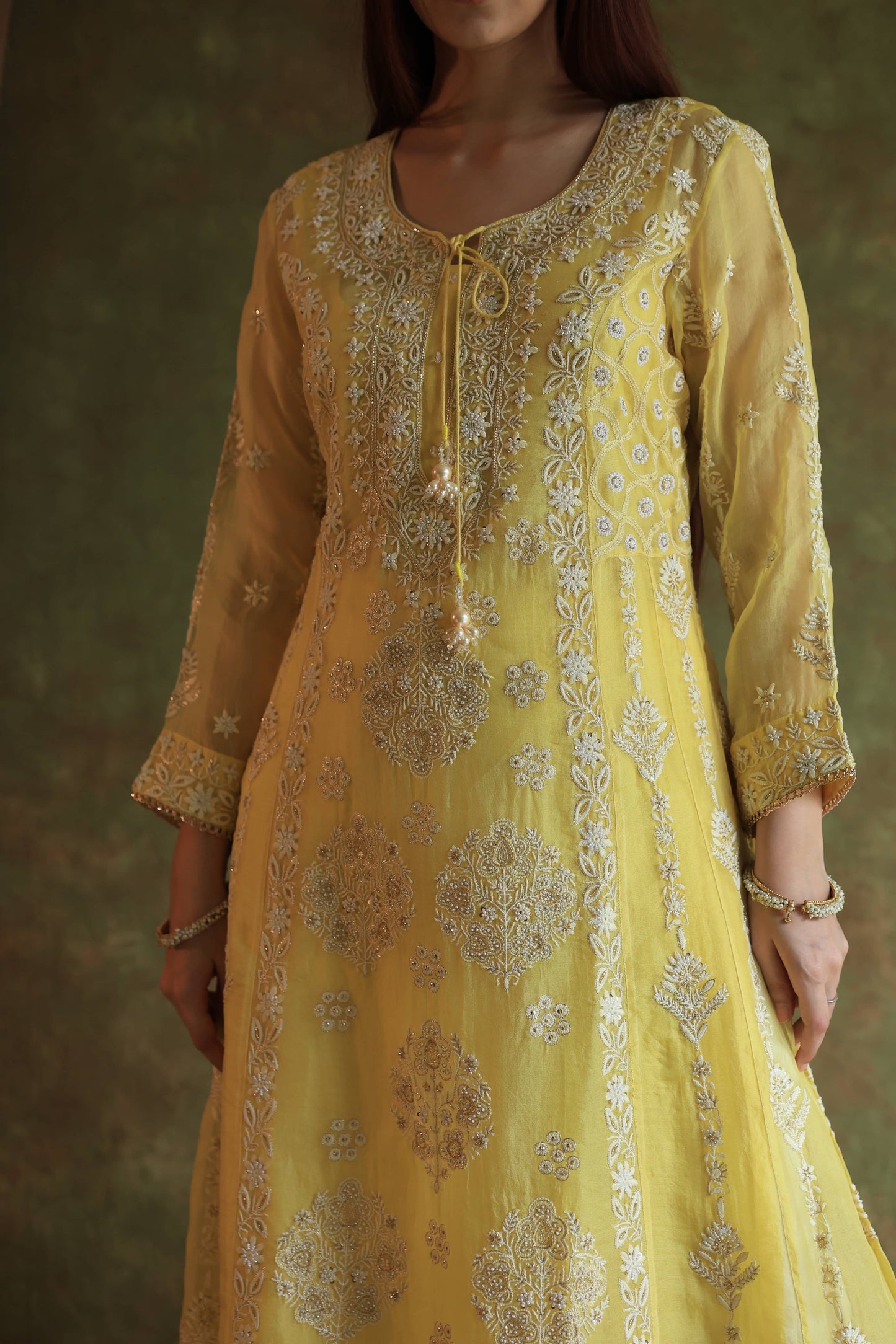 Yellow Noor Organza Chikankari Anarkali With Dupatta