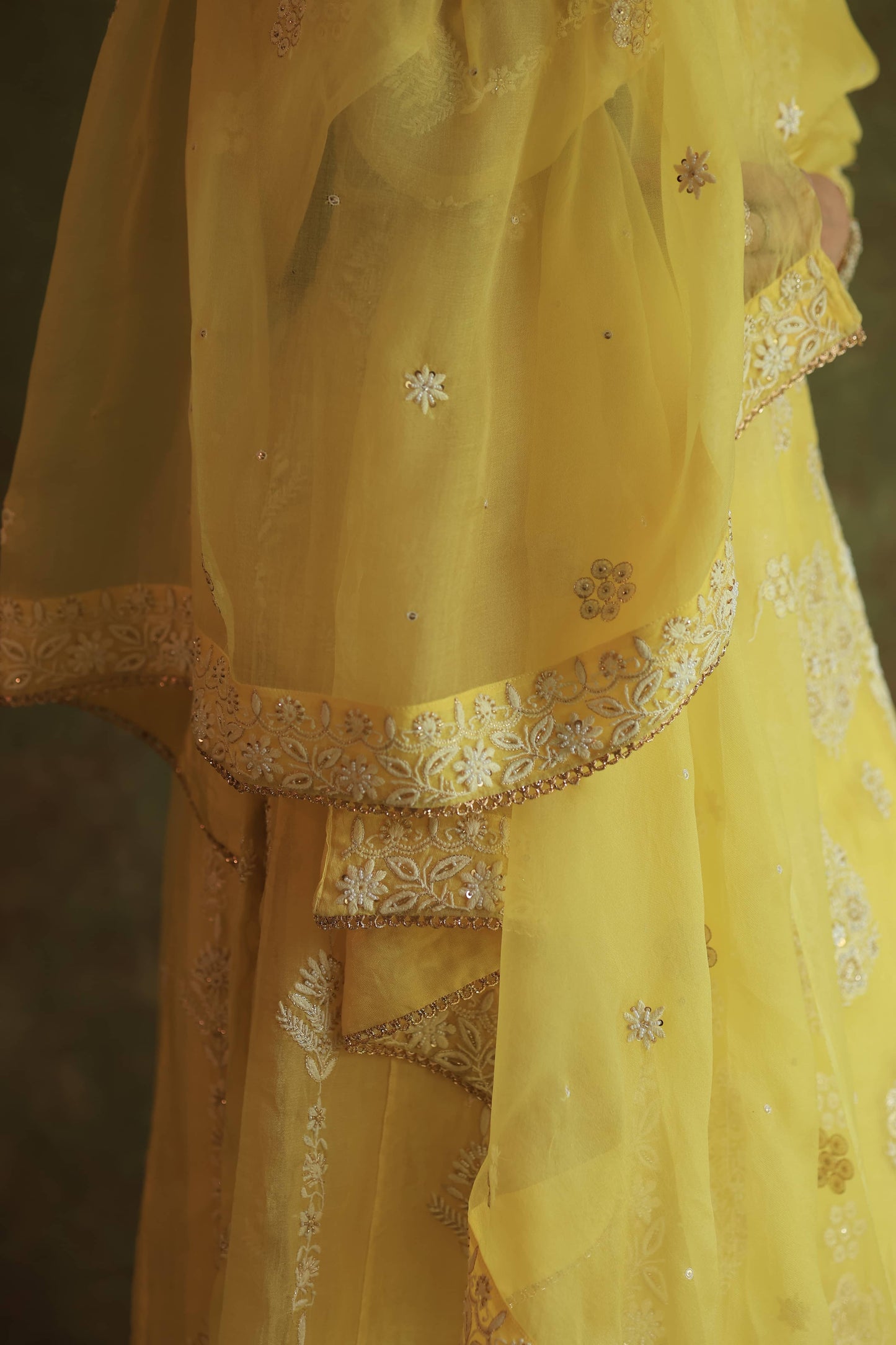 Yellow Noor Organza Chikankari Anarkali With Dupatta