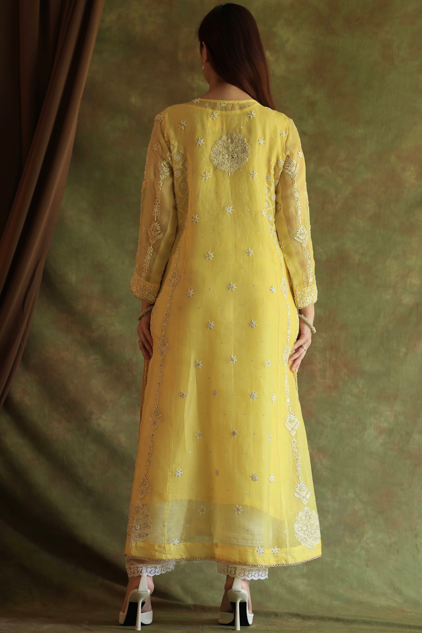 Yellow Noor Organza Chikankari Anarkali With Dupatta