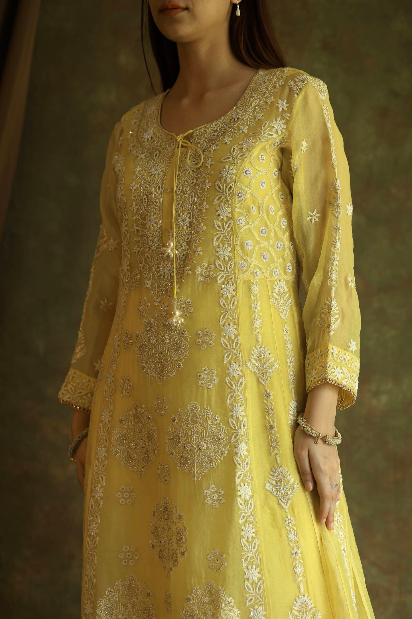 Yellow Noor Organza Chikankari Anarkali With Dupatta
